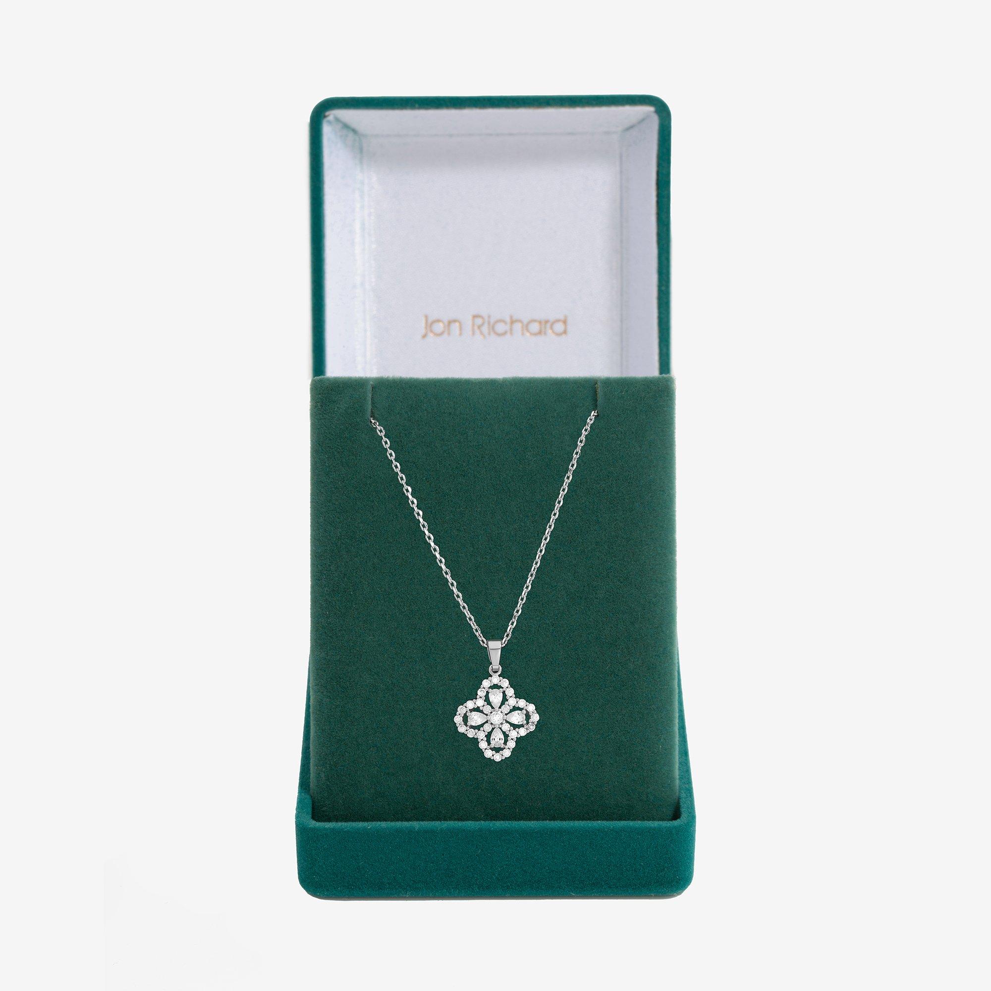 Silver - Jon Richard - Rhodium Plated CZ Clover Pendant - Gift Box - 1