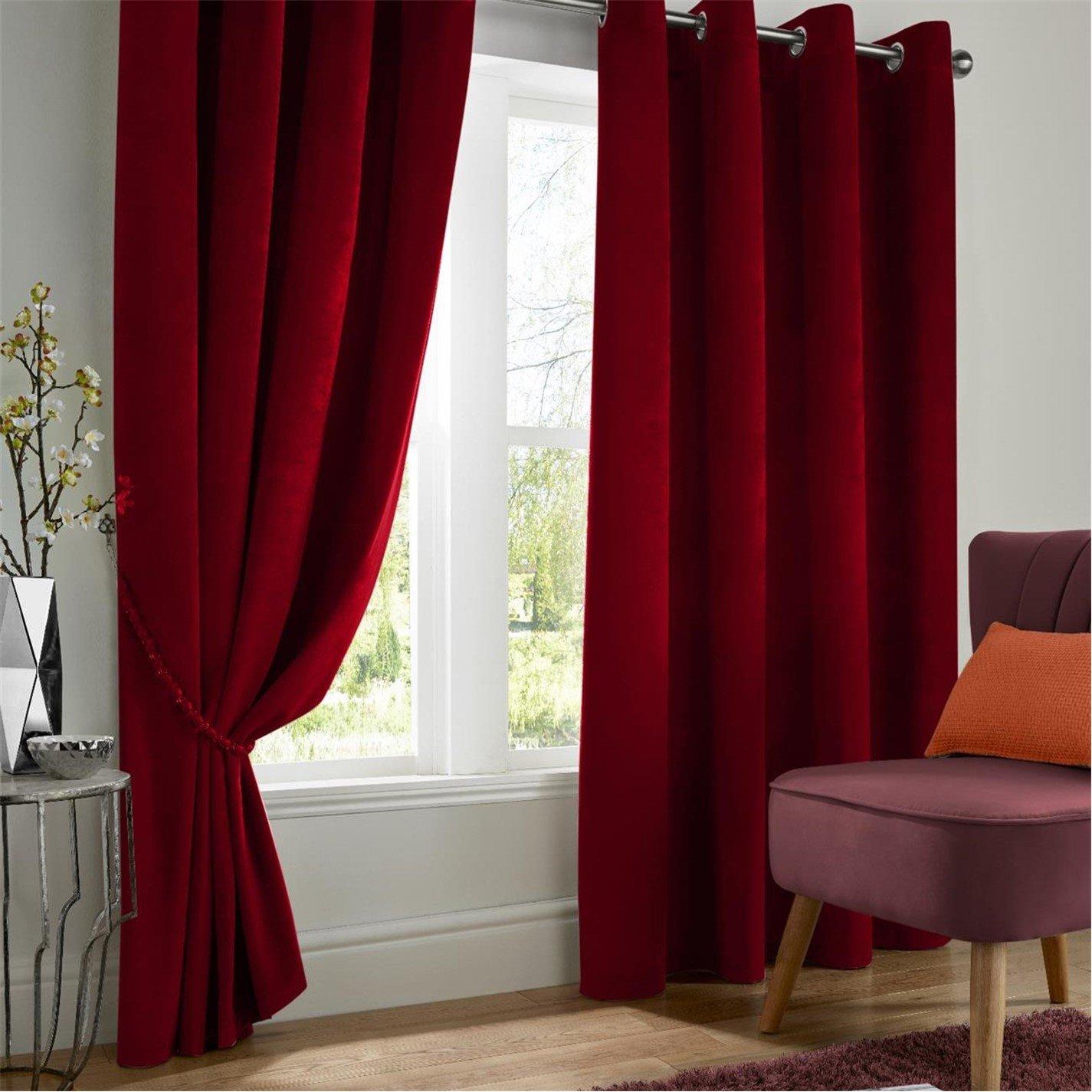 Red - Alan Symonds - Velvet Blackout Ring Top Eyelet Curtains - 1