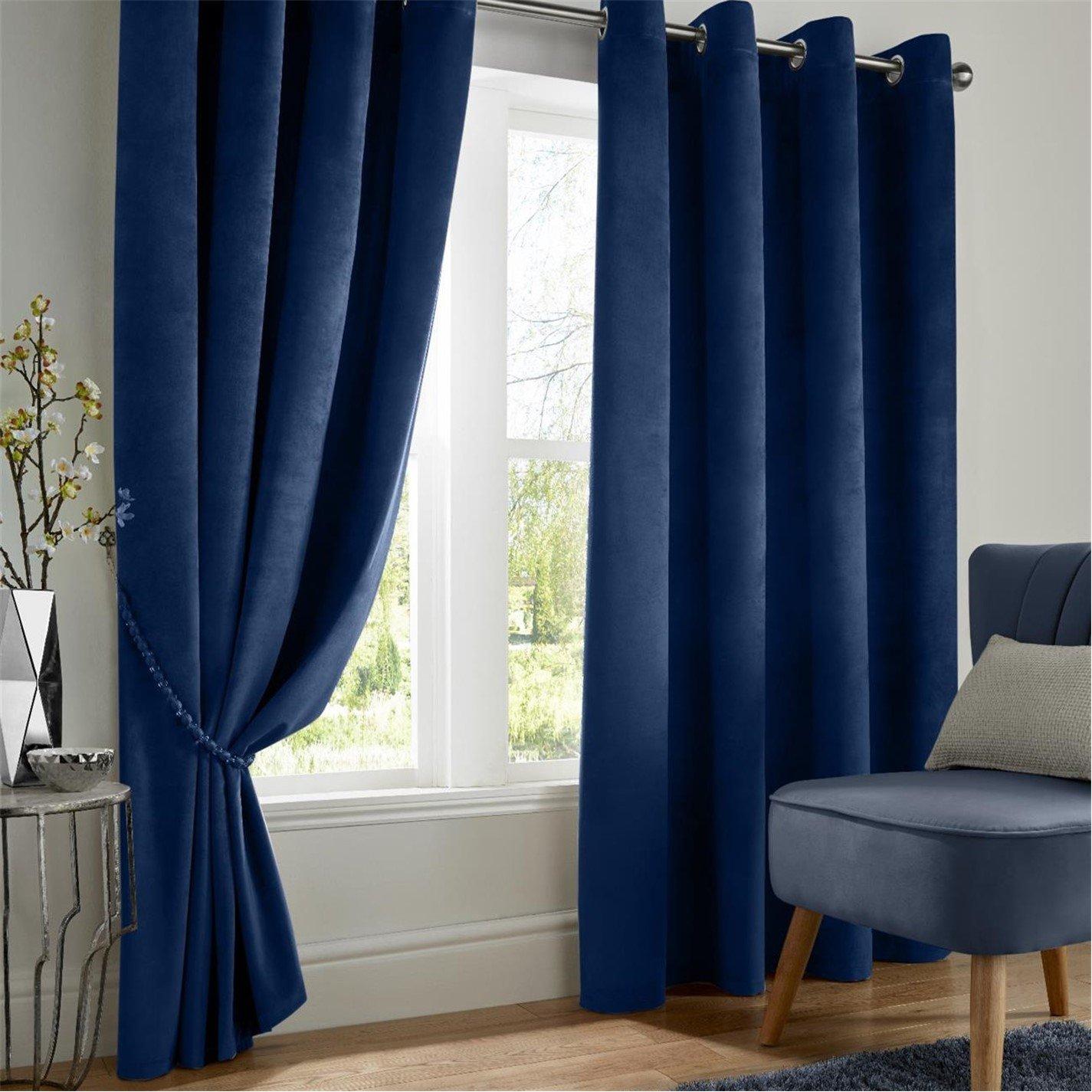 Blue - Alan Symonds - Velvet Blackout Ring Top Eyelet Curtains - 1