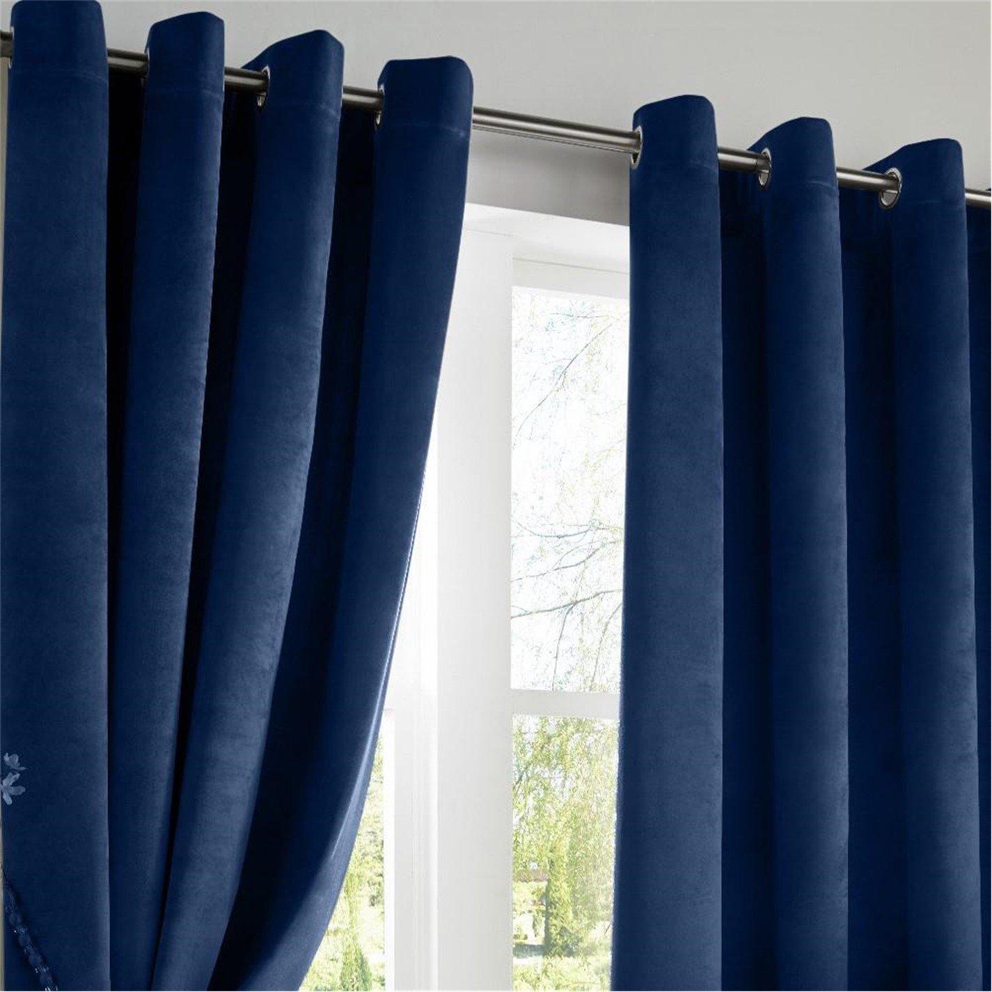 Blue - Alan Symonds - Velvet Blackout Ring Top Eyelet Curtains - 2