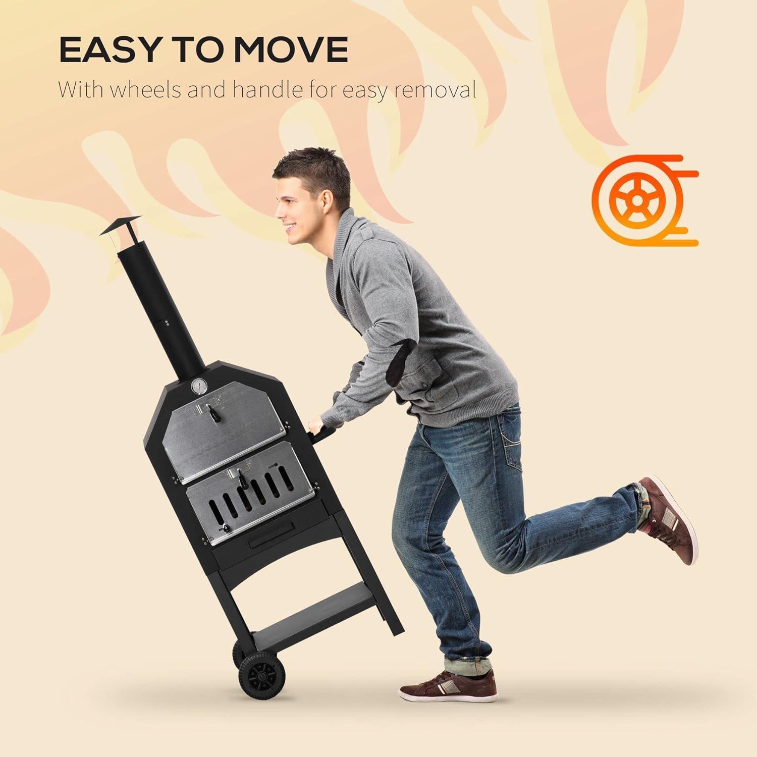 Black - Outsunny - Garden Charcoal Pizza Oven & BBQ - 3