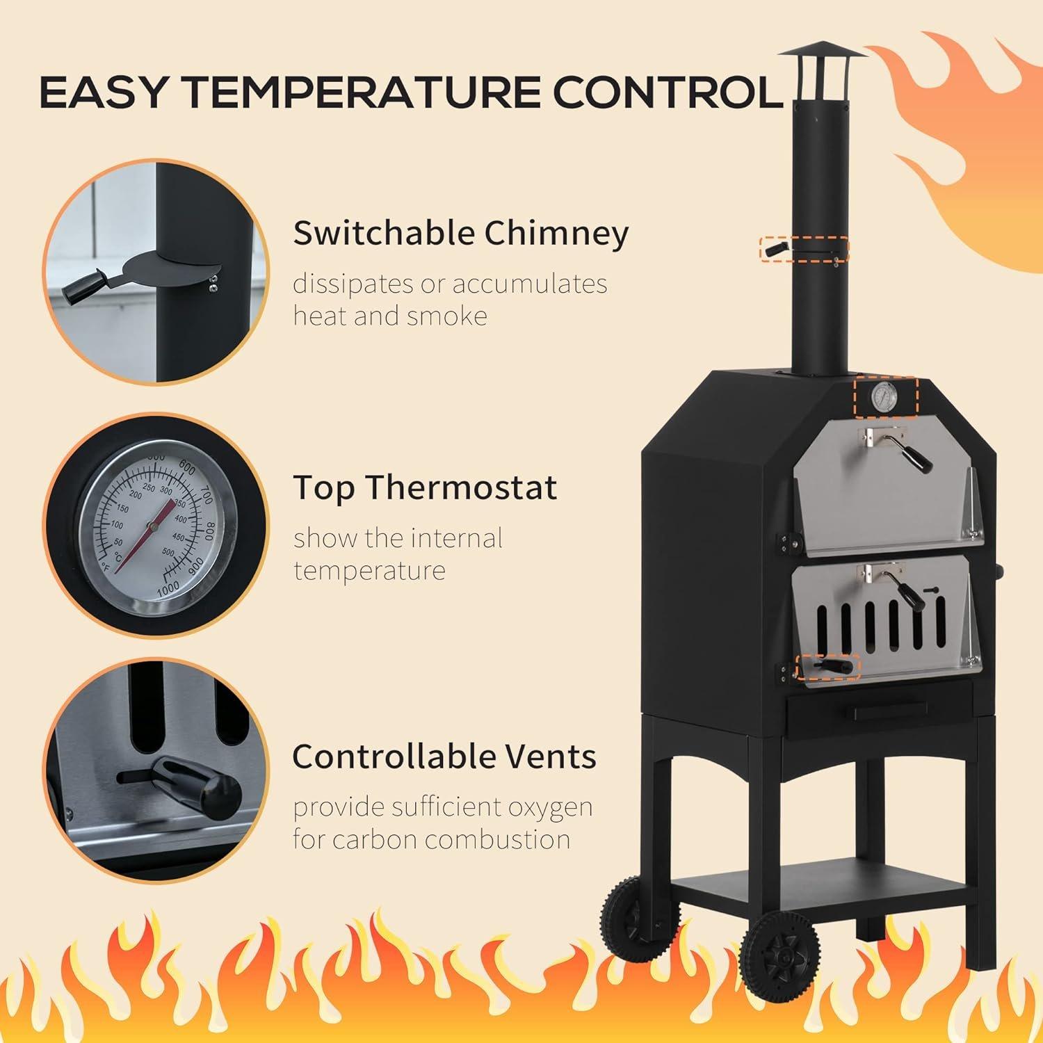 Black - Outsunny - Garden Charcoal Pizza Oven & BBQ - 4