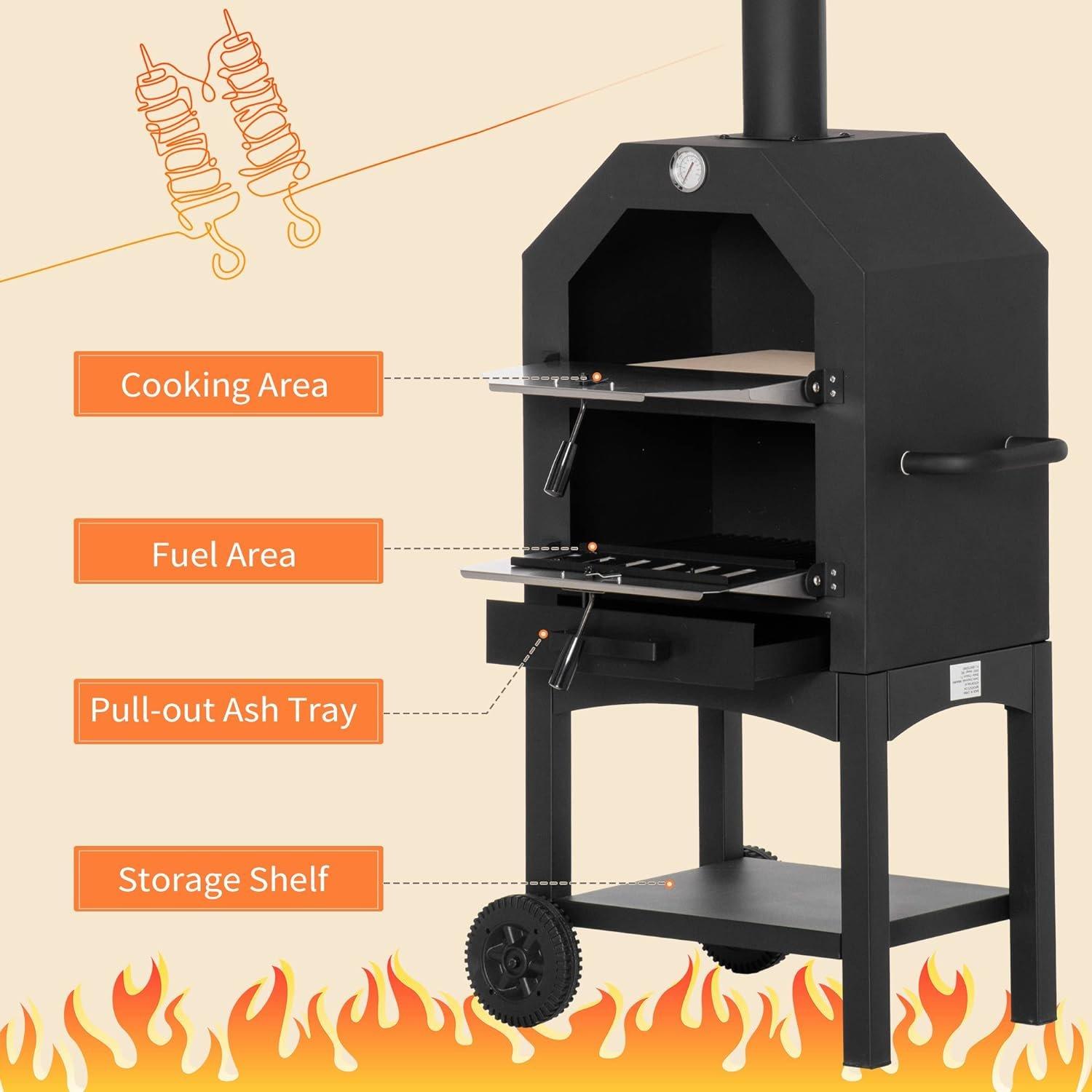 Black - Outsunny - Garden Charcoal Pizza Oven & BBQ - 7
