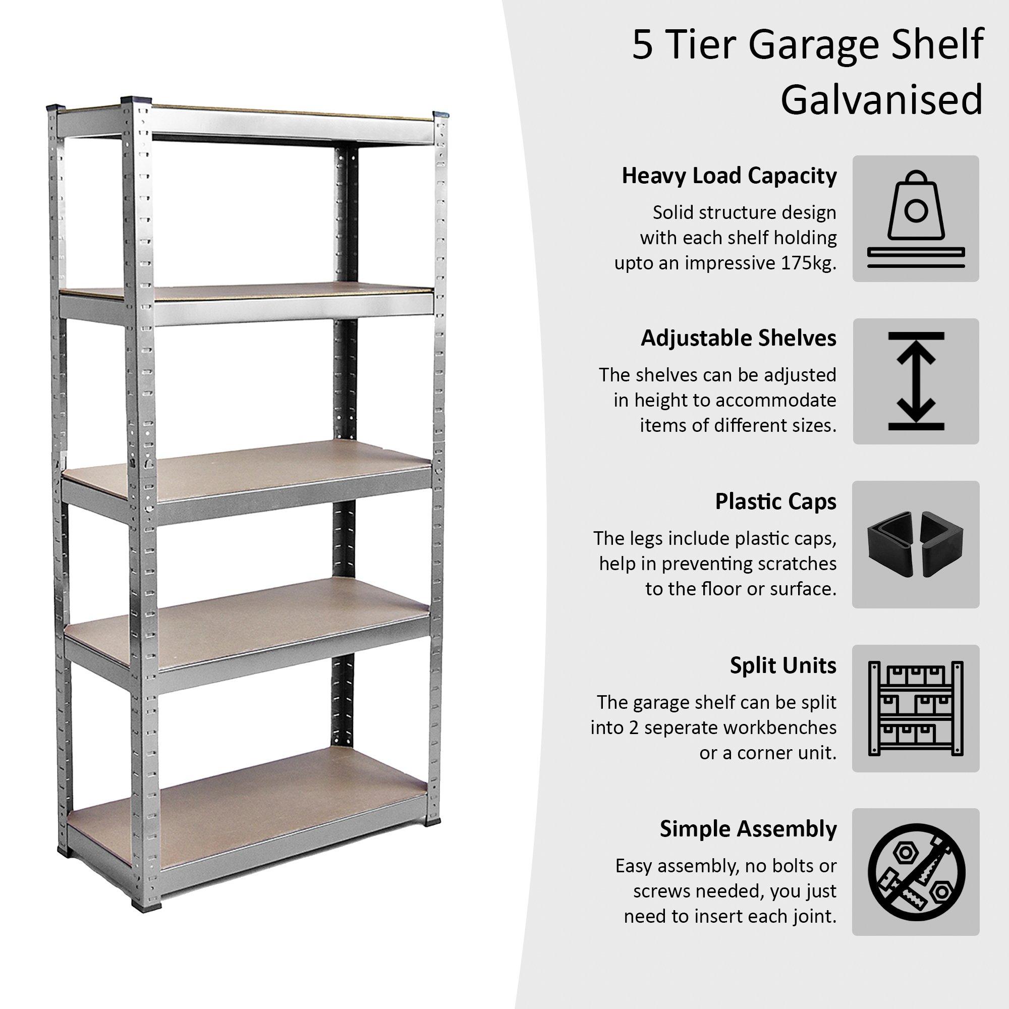 Galvanised - Lassic - 5 Tier Heavy Duty Large Garage Shelves - 4 Bay - 8