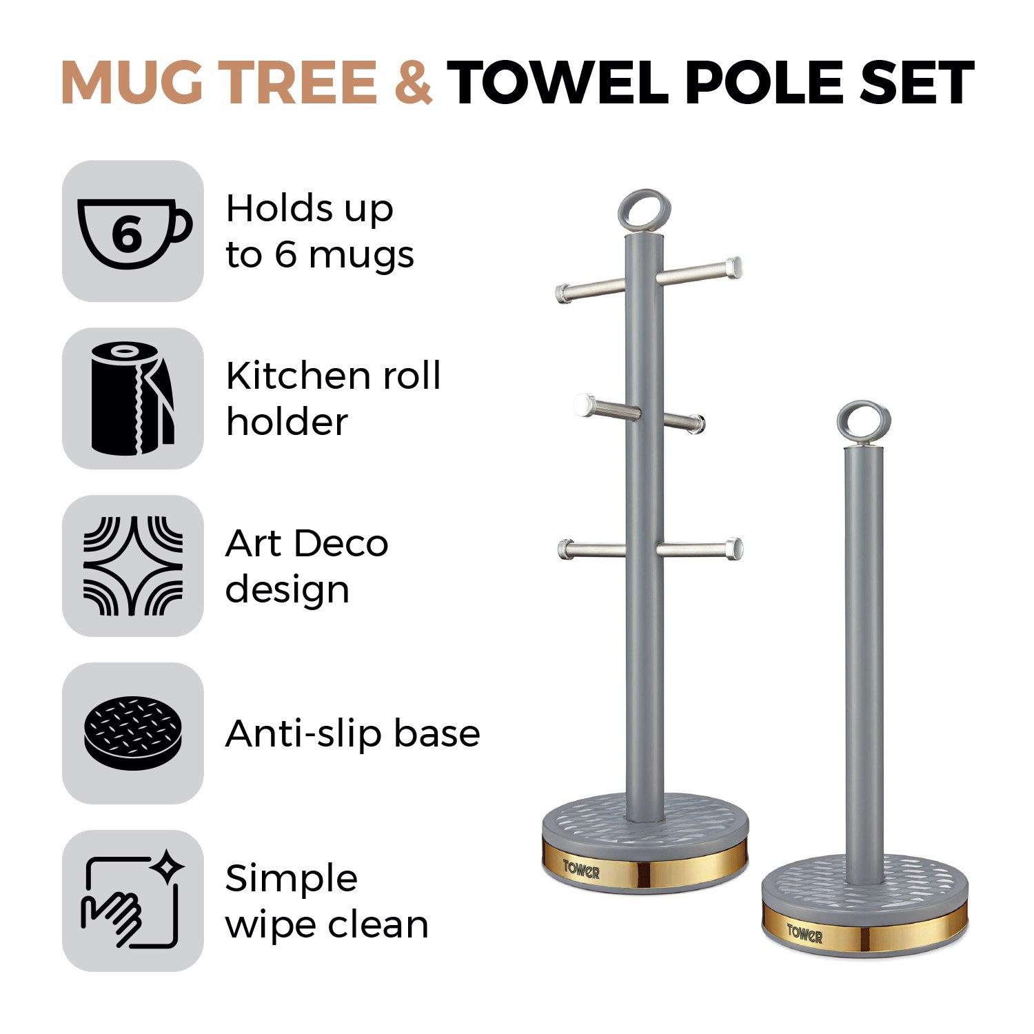 Grey - Tower - Empire 6 Cup Mug Tree And Towel Pole Set - 2