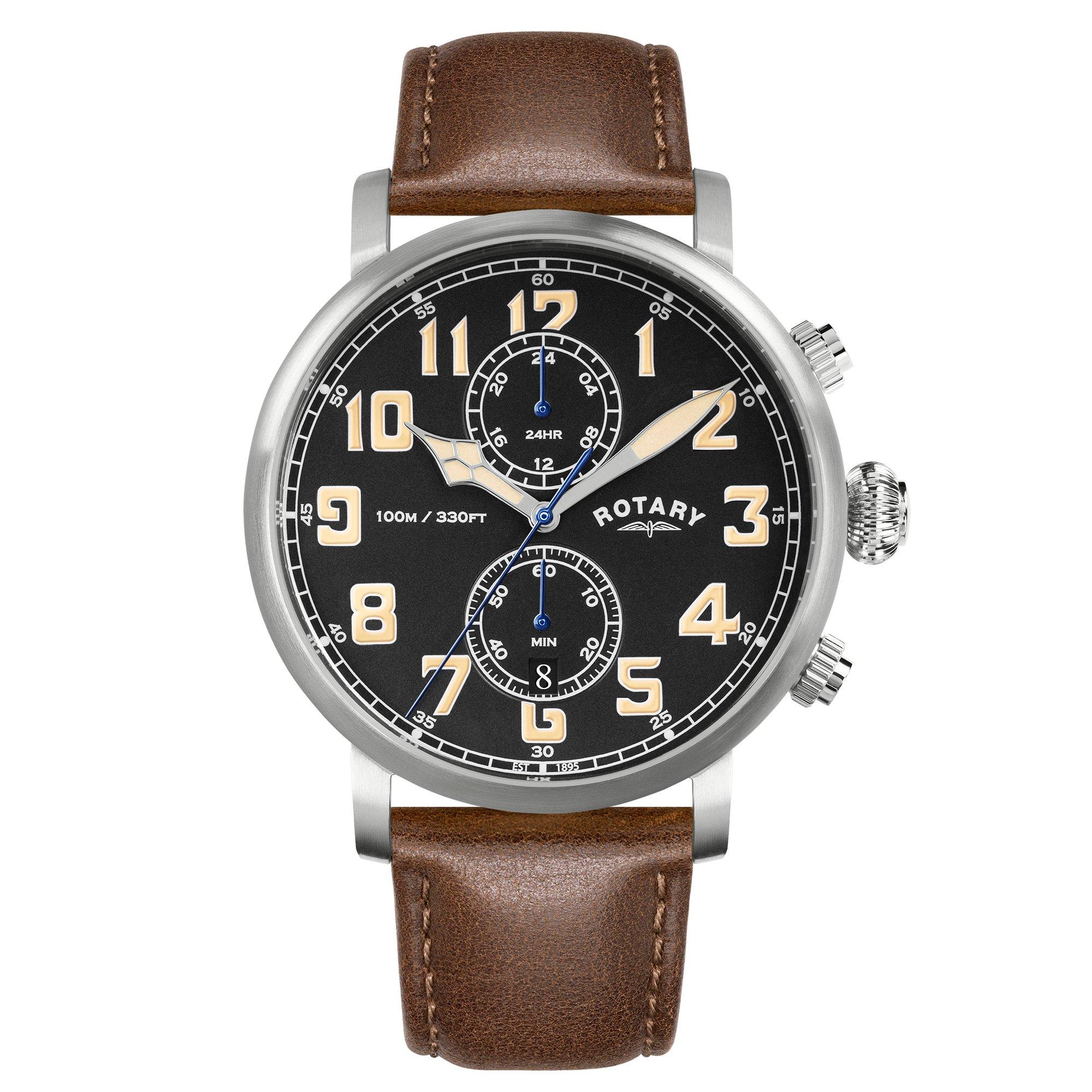 Rotary Men's Heritage Pilot Ss Leather Watch Brown