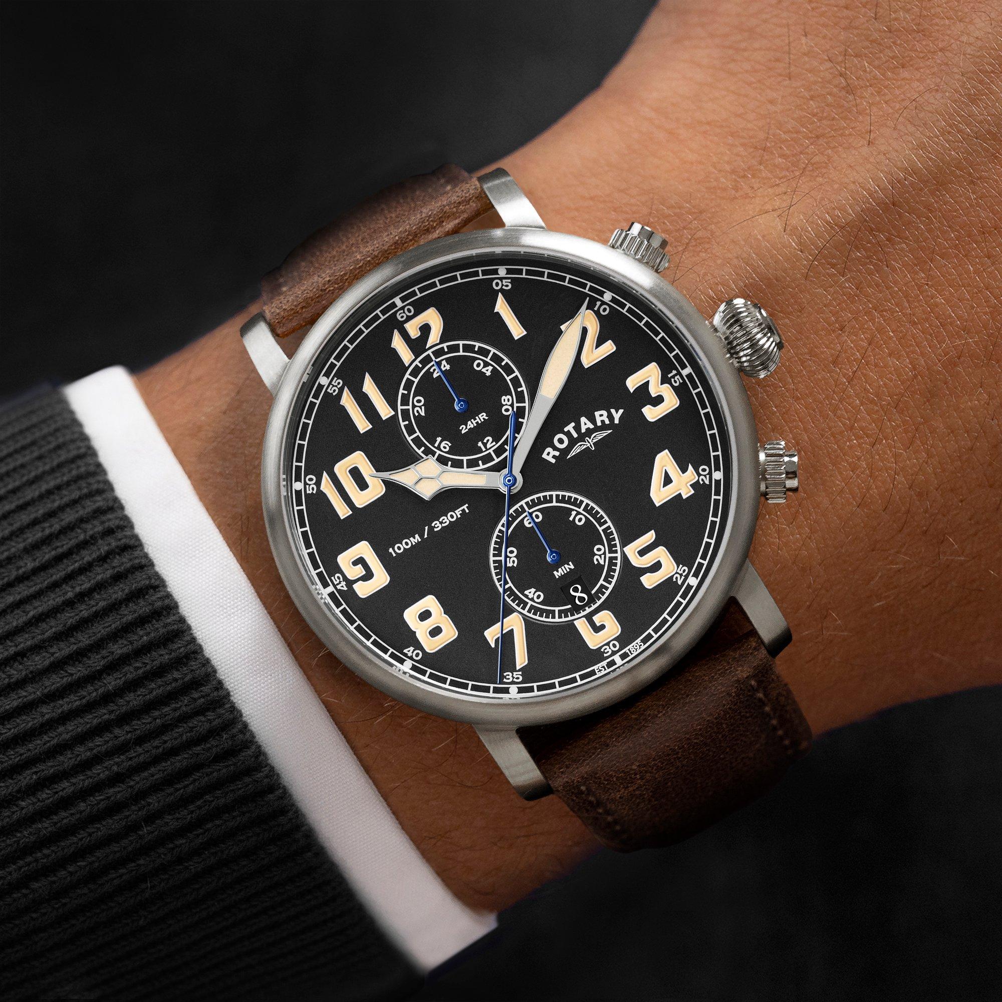 Brown - Rotary - Rotary Mens Heritage Pilot SS Brown Leather Watch - 3