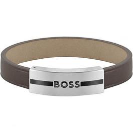 Boss Mens BOSS Luke  Steel Brown Leather Bracelet