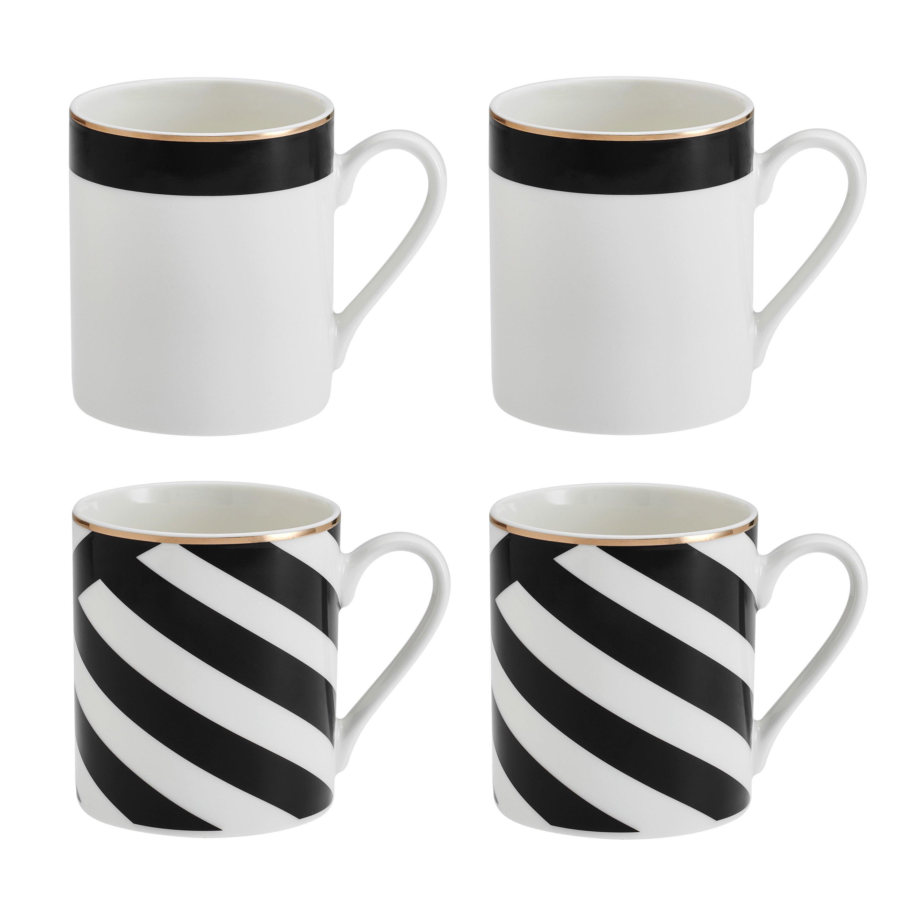 Black / White - Mikasa - Luxe Deco China Mugs, Set of 4, 380ml - 1