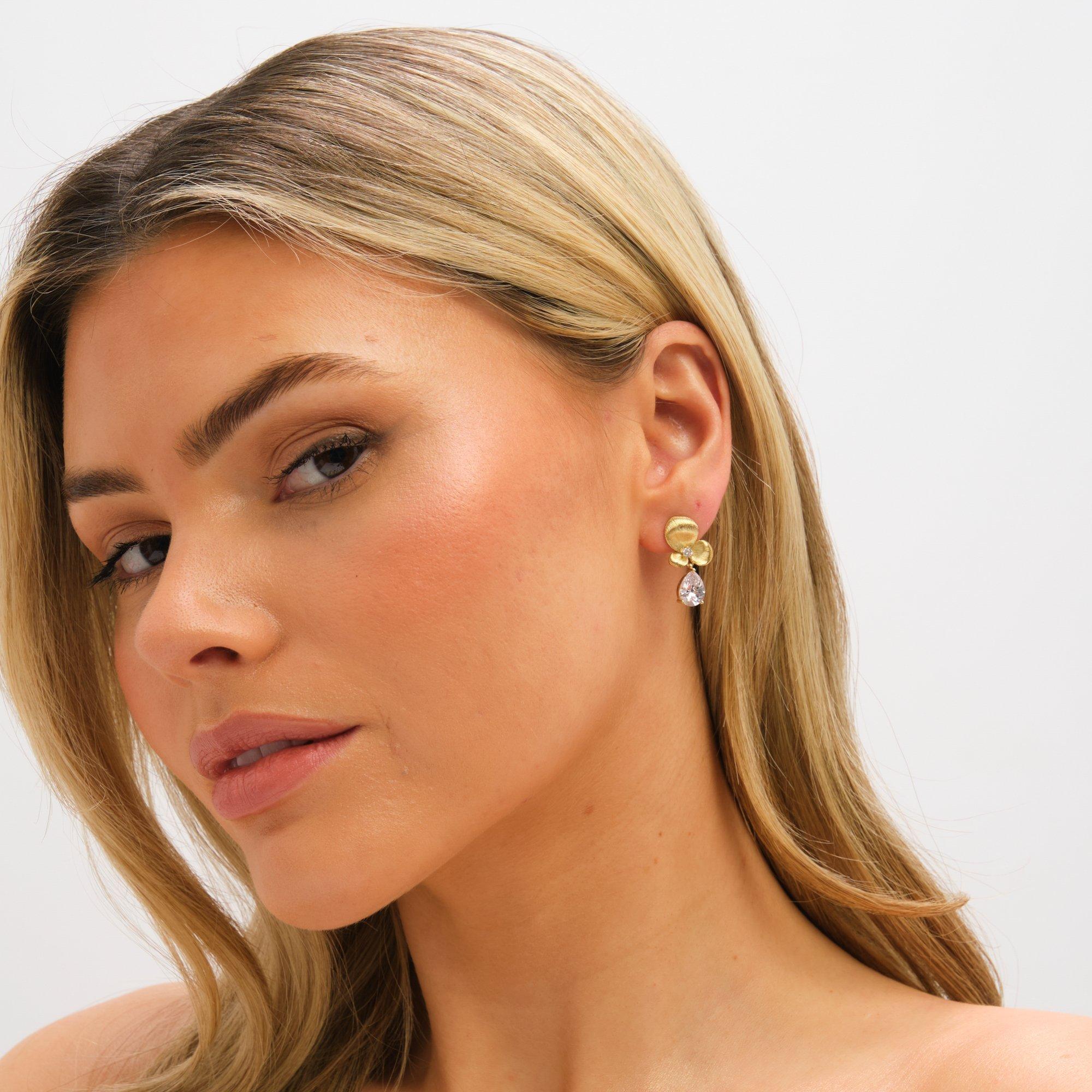 Gold - Jon Richard - Gold Plated Floral and Crystal Drop Earrings - 2