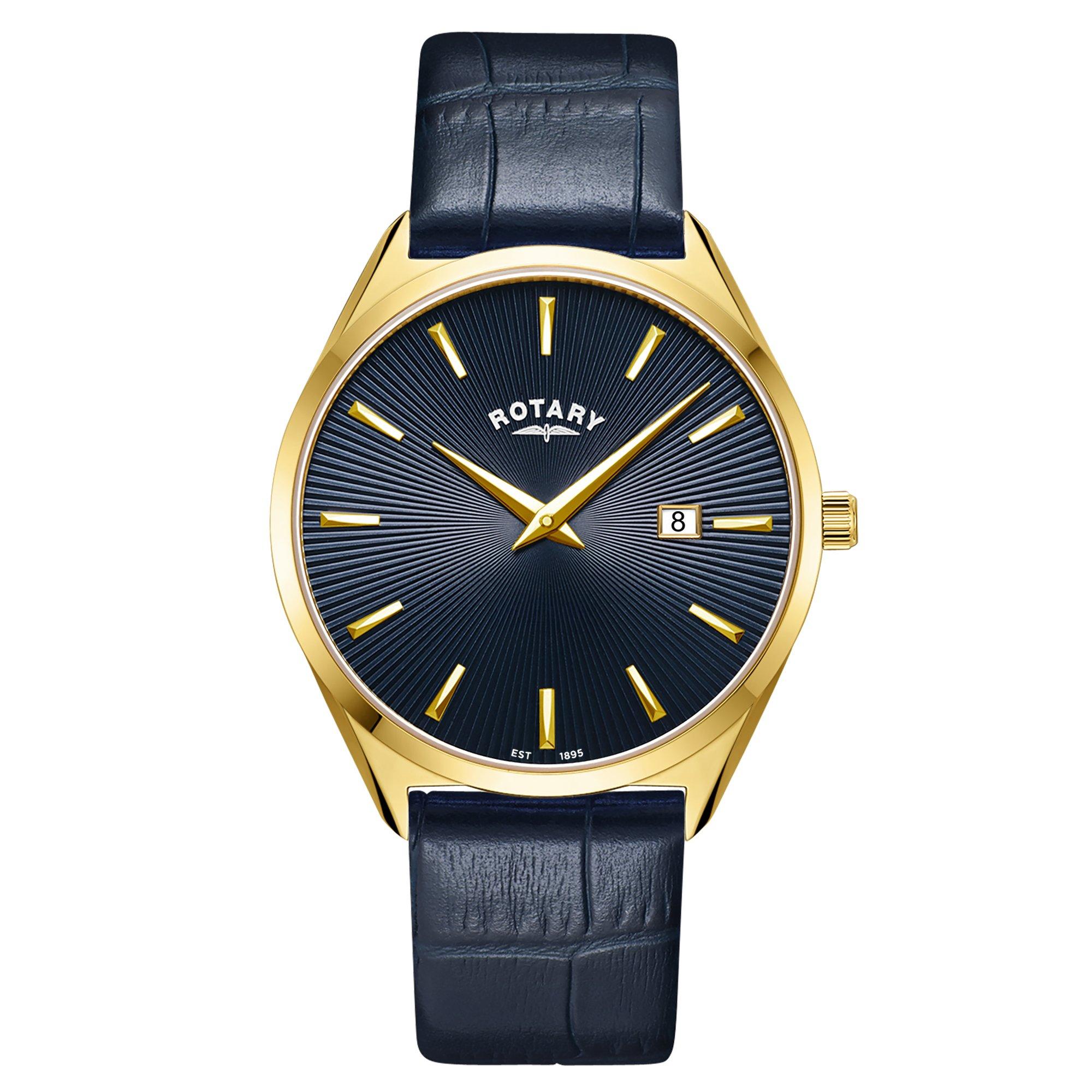 Black - Rotary - Mens Ultra Slim SS Blue Leather Strap Watc - 1