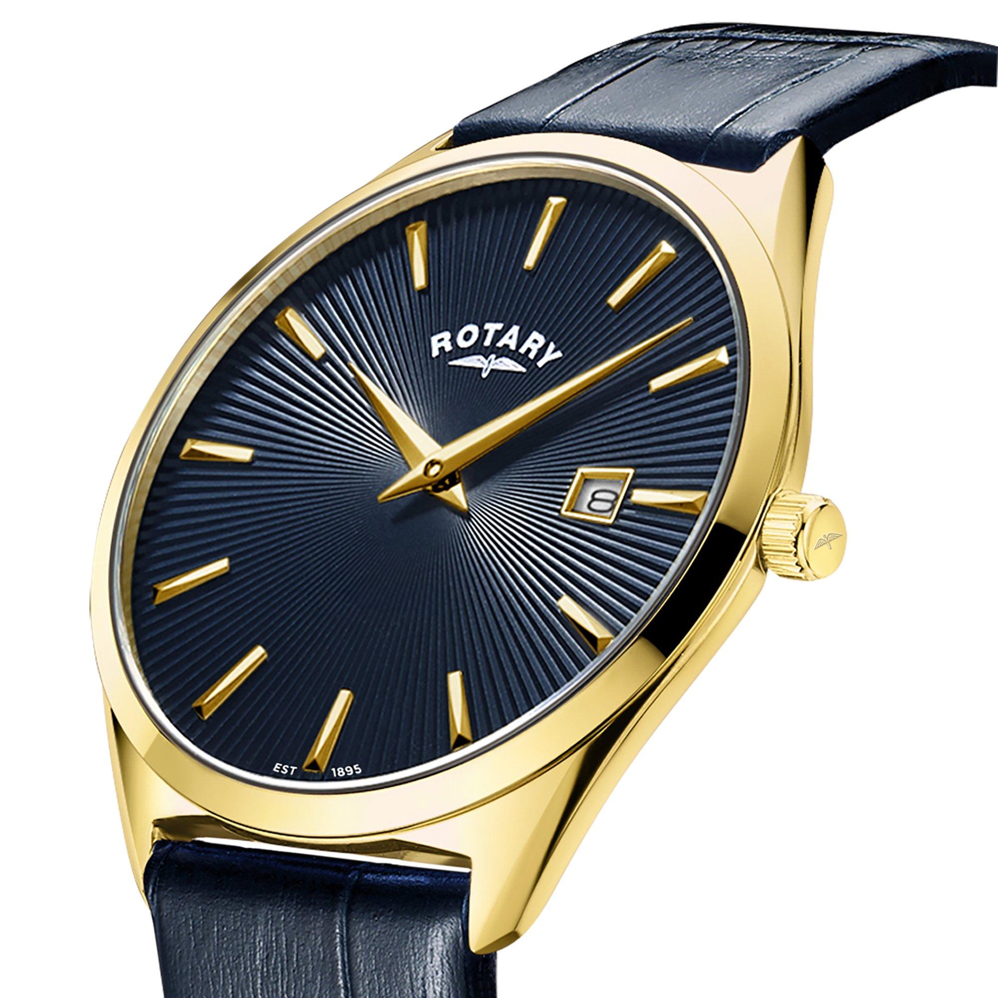 Black - Rotary - Rotary Mens Ultra Slim SS Blue Leather Strap Watc - 2