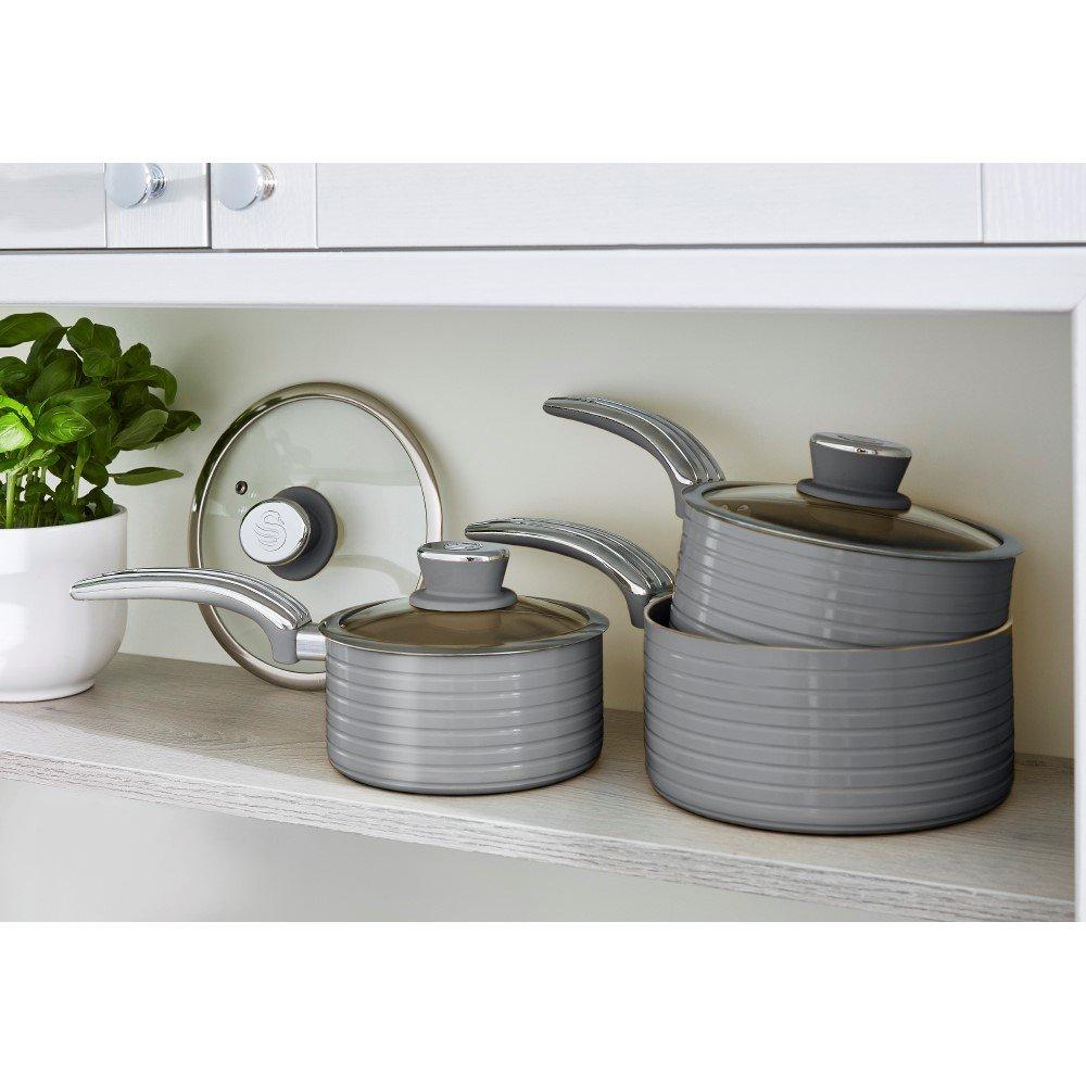 Grey - Swan - Retro 3 Piece Saucepan Set Grey - 3