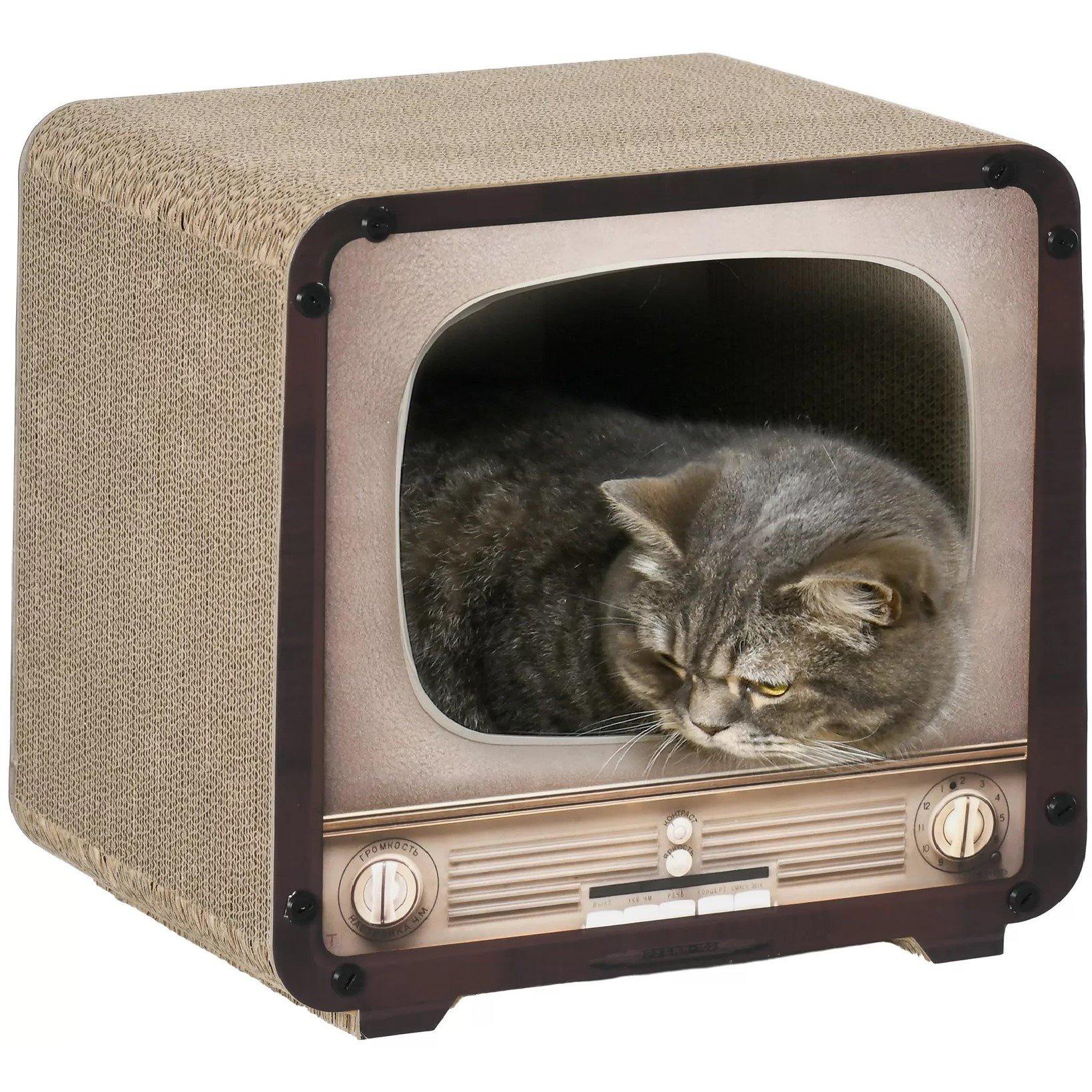 Brown - PawHut - PawHut 2 in 1 TV Shape Cat Scratching Board House - 2