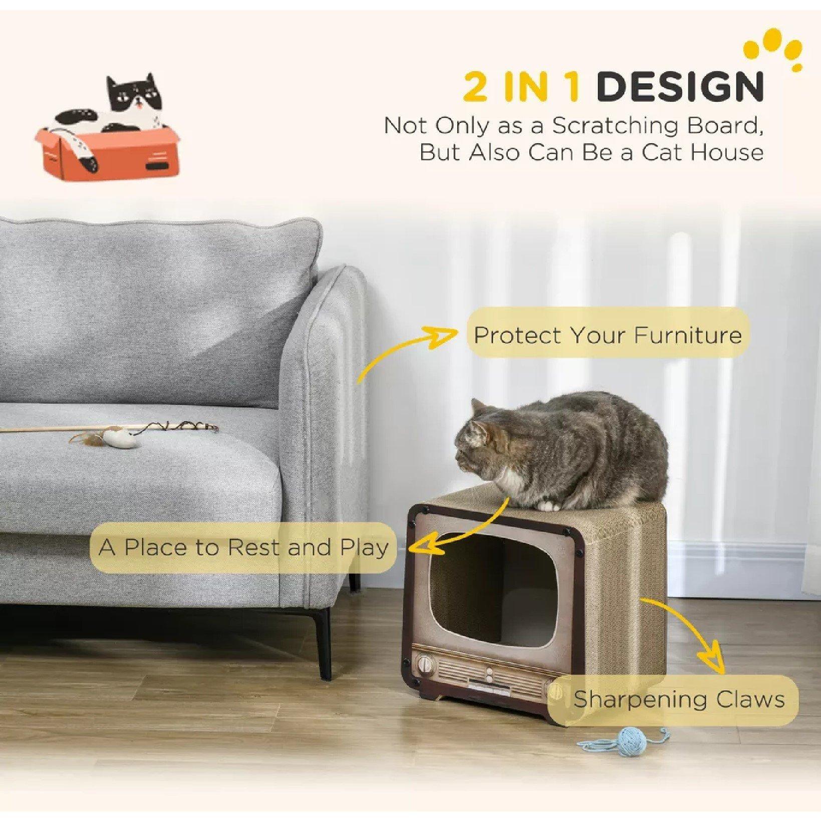 Brown - PawHut - PawHut 2 in 1 TV Shape Cat Scratching Board House - 4