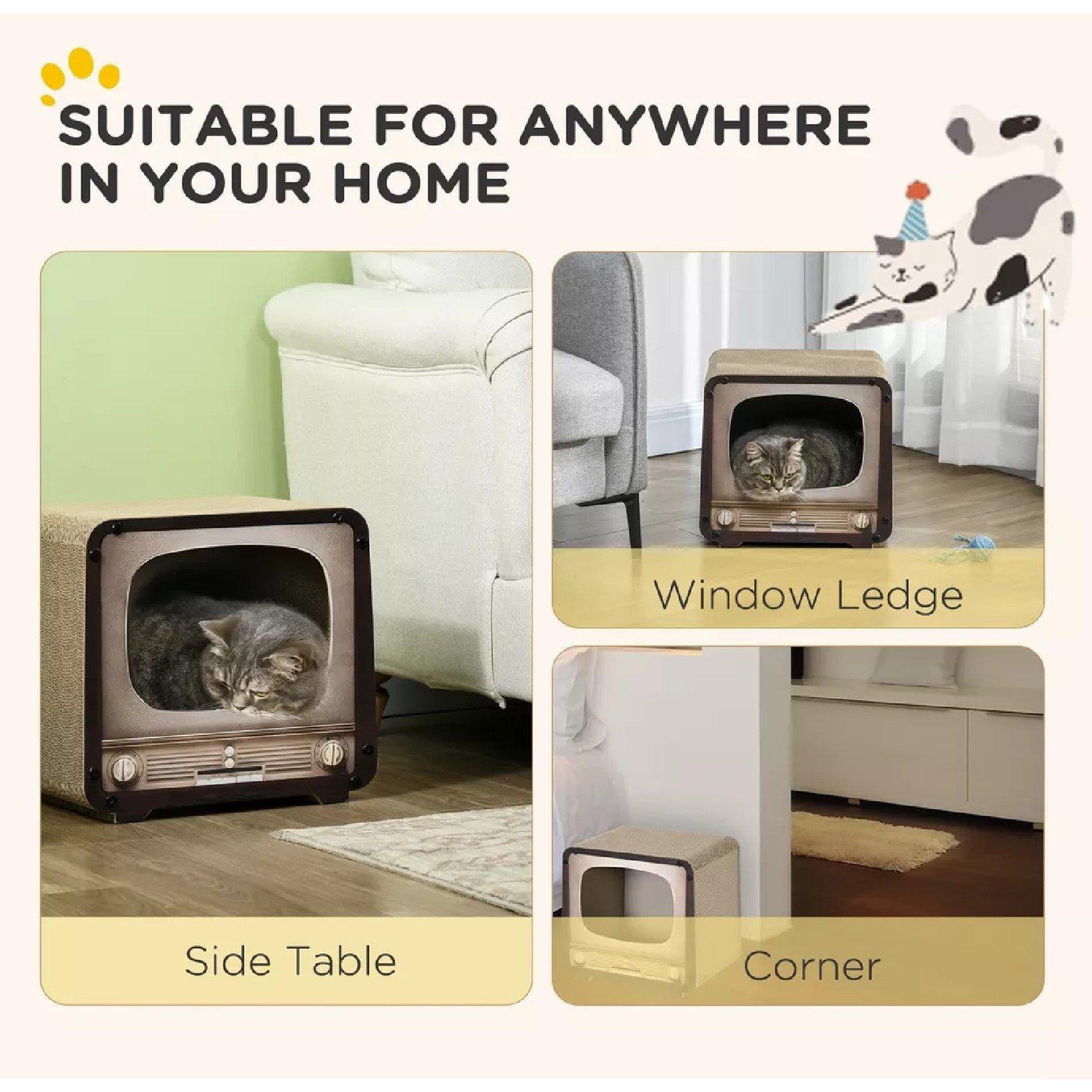 Brown - PawHut - PawHut 2 in 1 TV Shape Cat Scratching Board House - 6