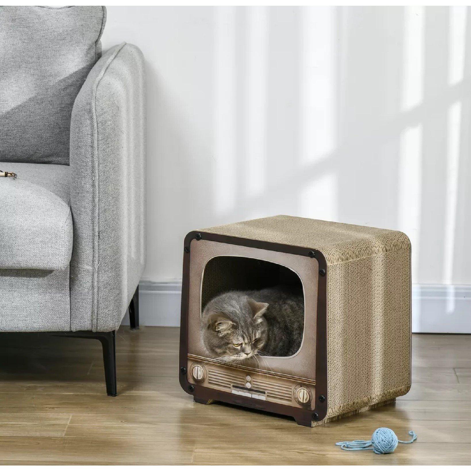 Brown - PawHut - PawHut 2 in 1 TV Shape Cat Scratching Board House - 8