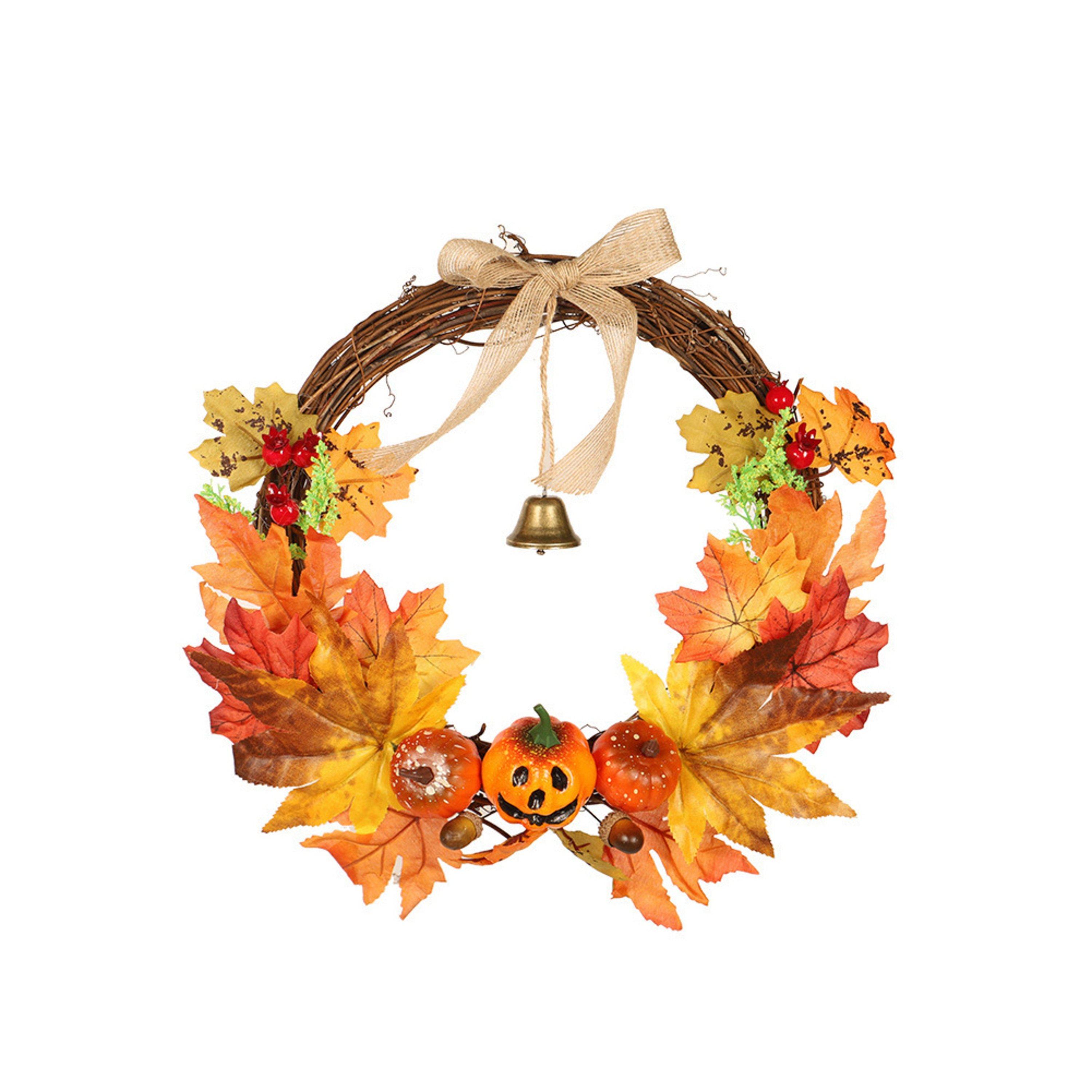Life Ideas  Artificial Pumpkin Maple Leaves Wreath With Bell - Orangeyellow
