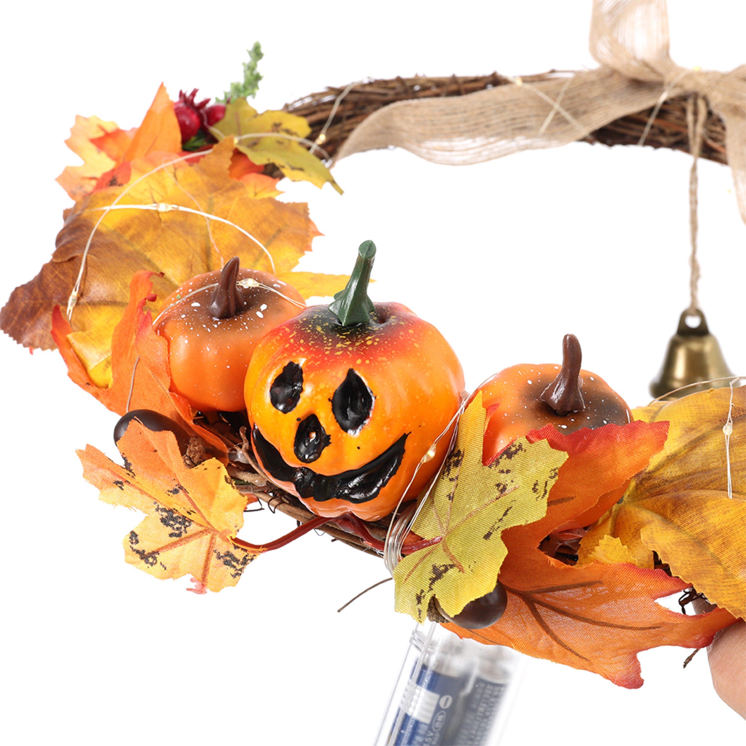 Orangeyellow - LIFE IDEAS - Artificial Pumpkin Maple Leaves Wreath with Bell - 3