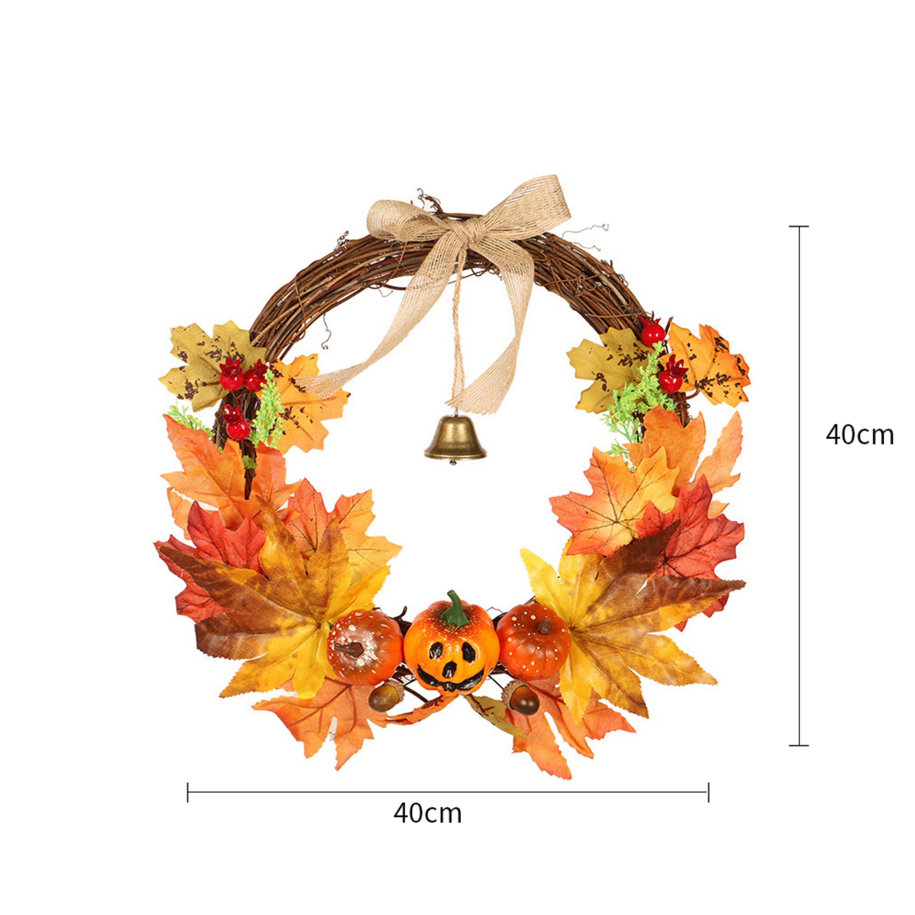 Orangeyellow - LIFE IDEAS - Artificial Pumpkin Maple Leaves Wreath with Bell - 7