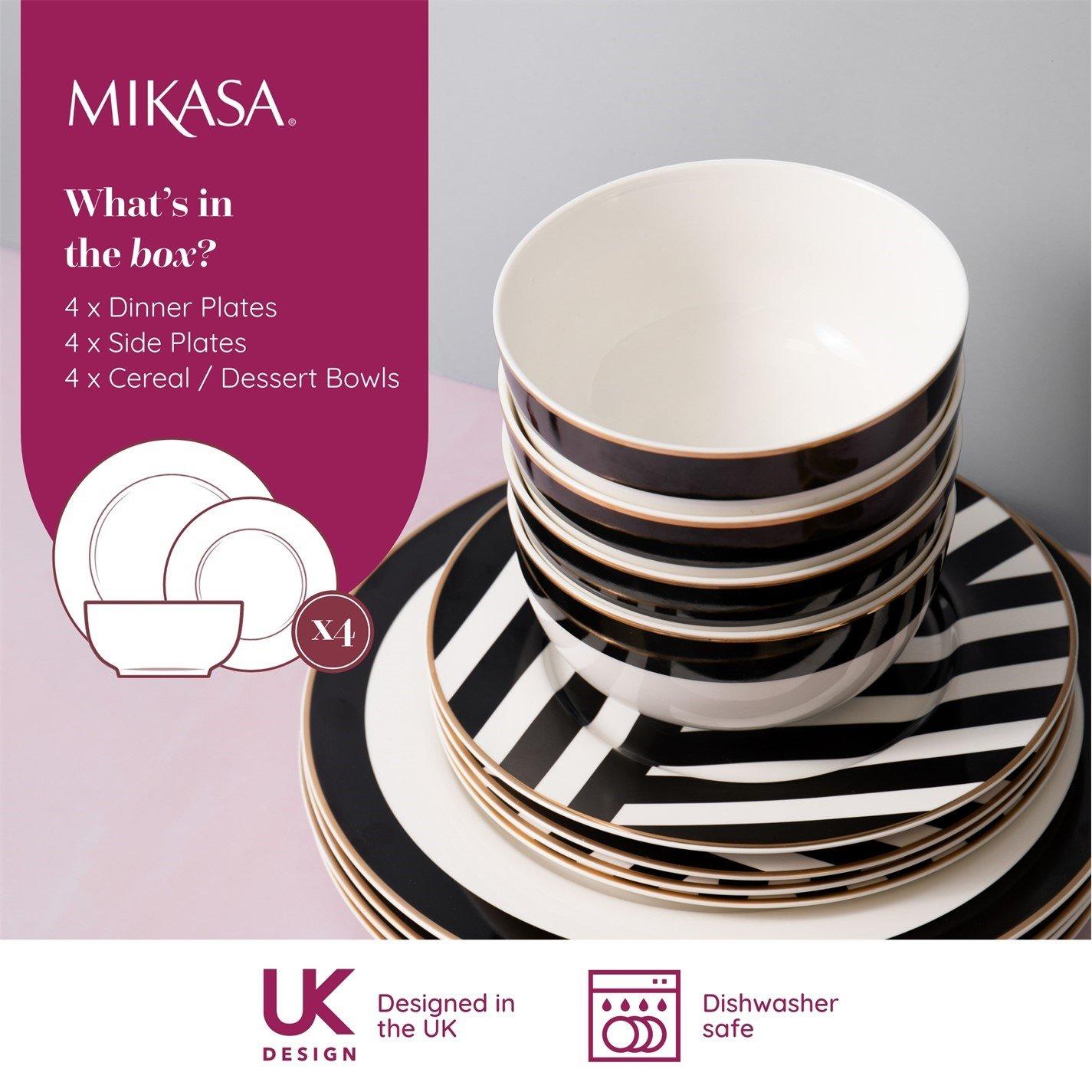 Black / White - Mikasa - 12 piece Luxe Deco Fine China Dinner Set - 8