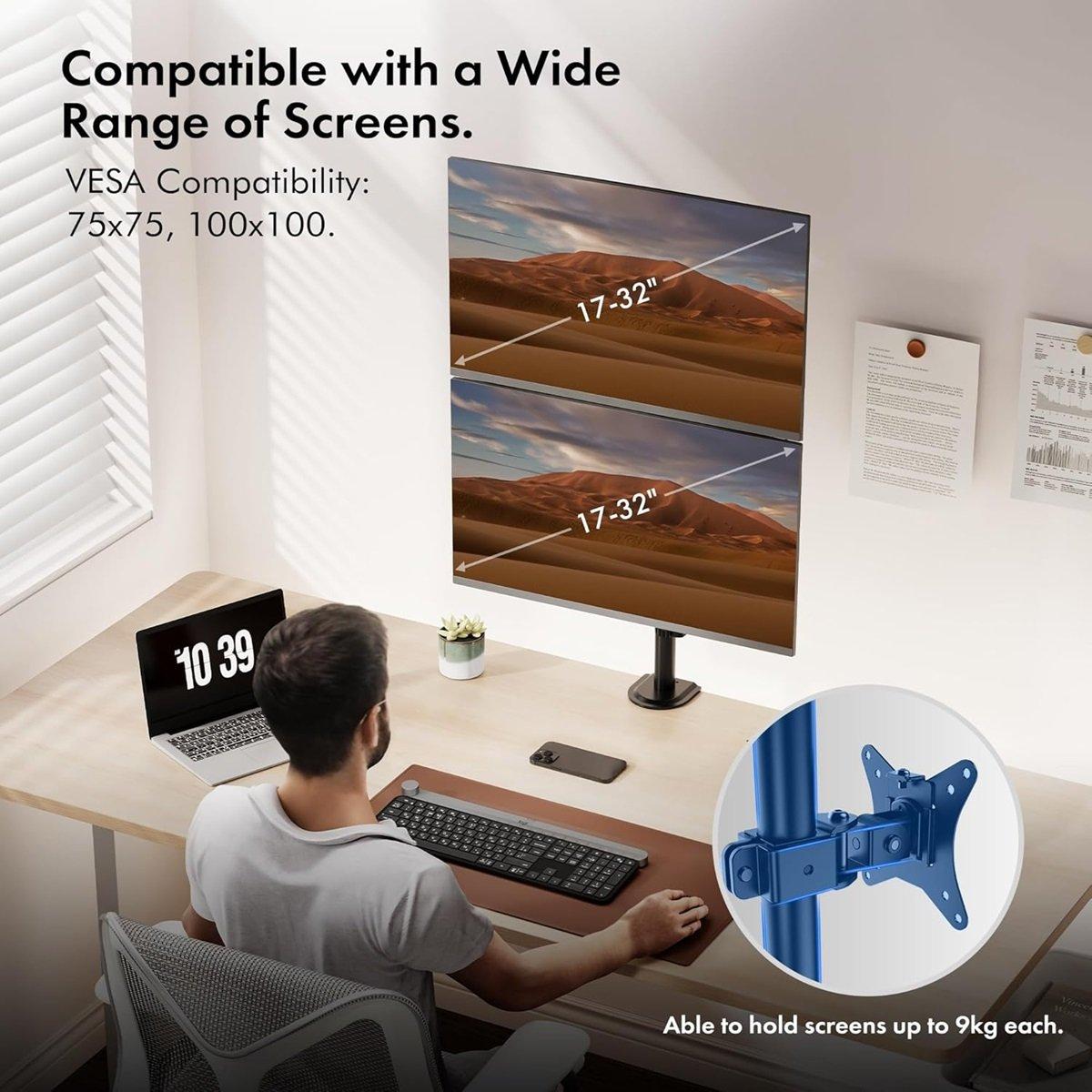 Black - VonHaus - Vertical Double Monitor Mount - 2