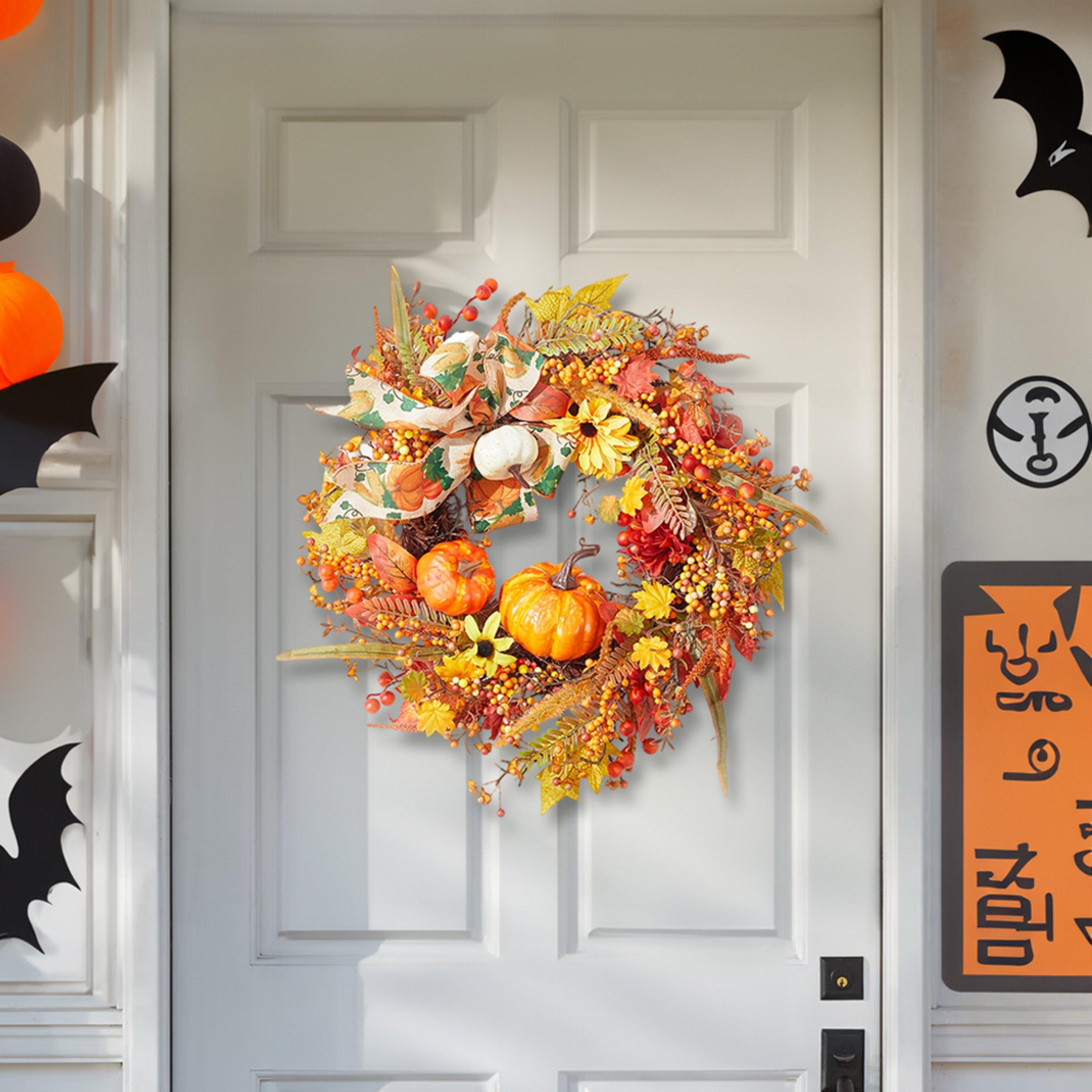 Life Ideas  Halloween Artificial Pumpkin Maple Leaves Wreath - Orangeyellow