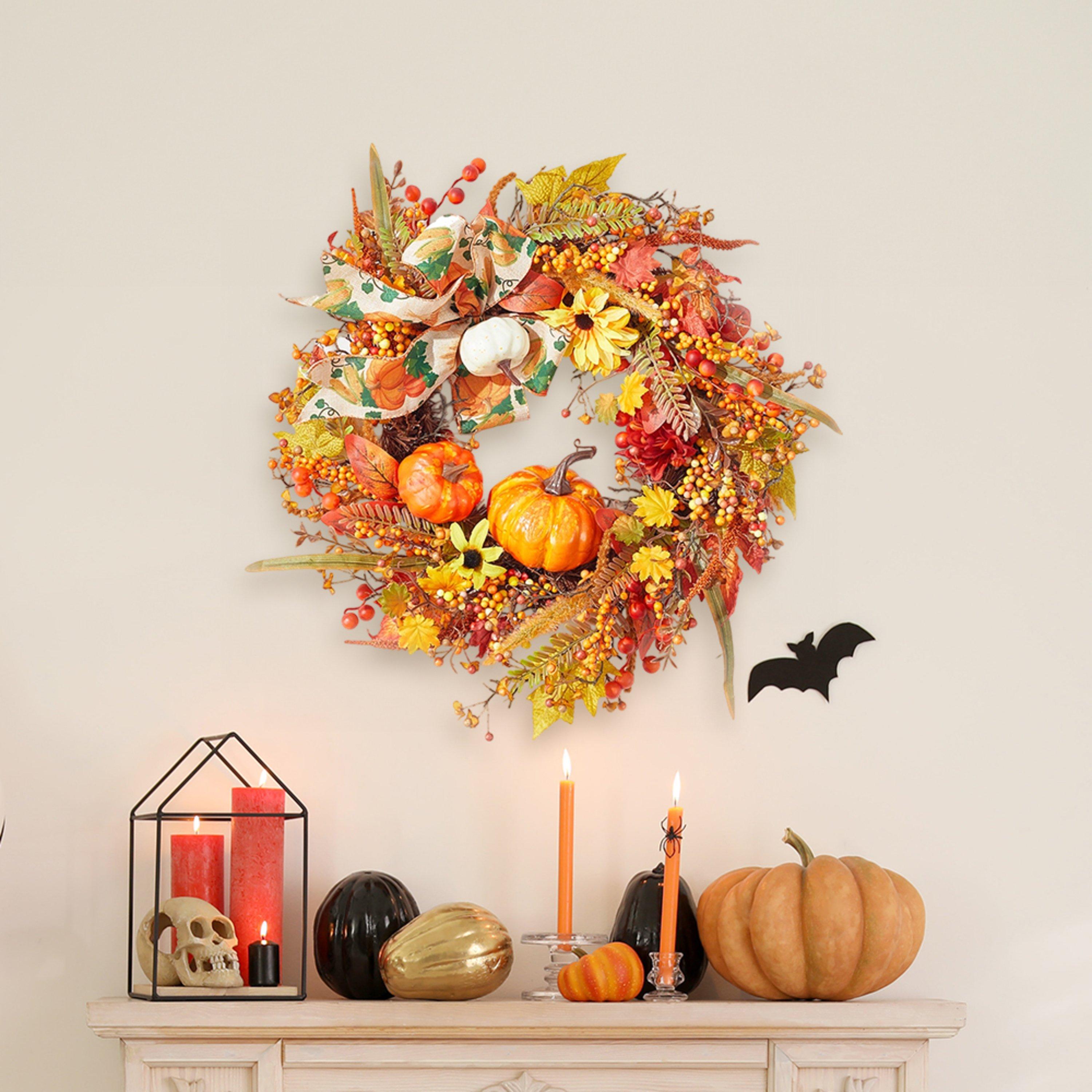 Orangeyellow - LIFE IDEAS - Halloween Artificial Pumpkin Maple Leaves Wreath - 2