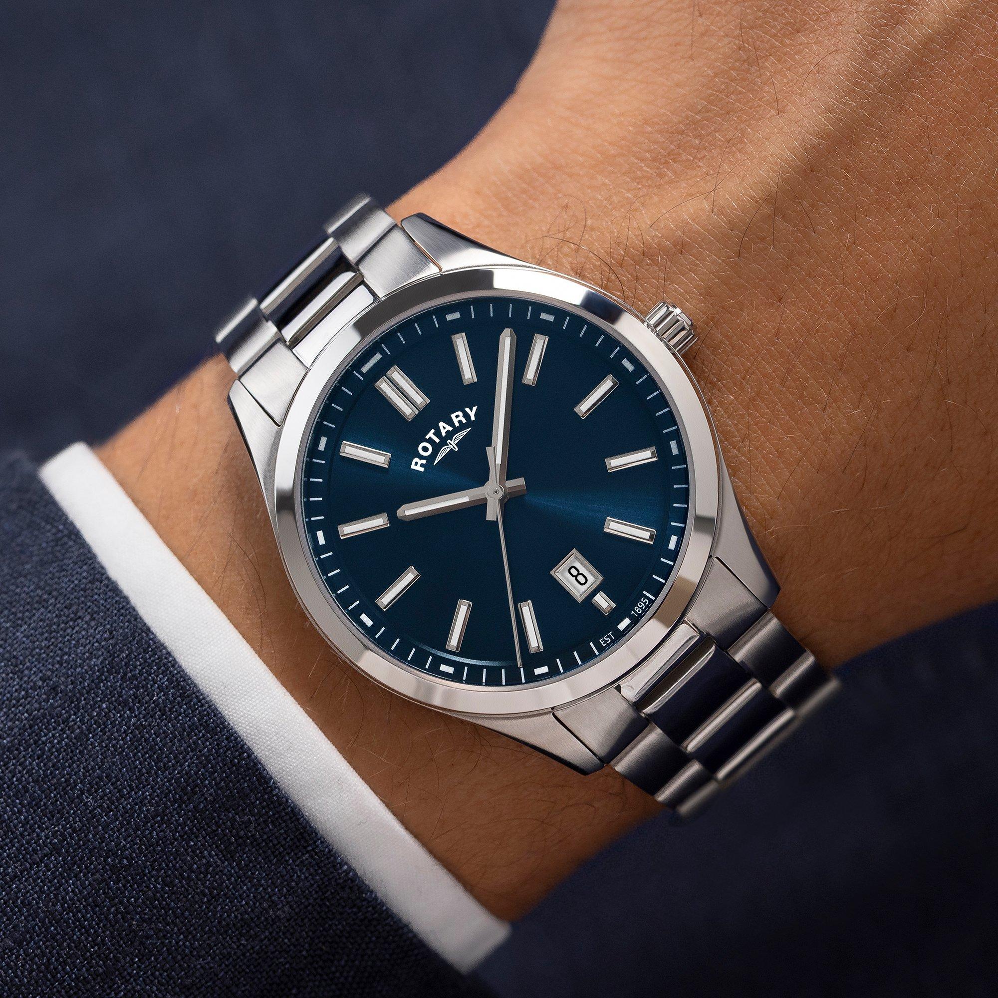 Silver - Rotary - Rotary Mens Heritage Blue Dial SS Bracelet Watch - 3