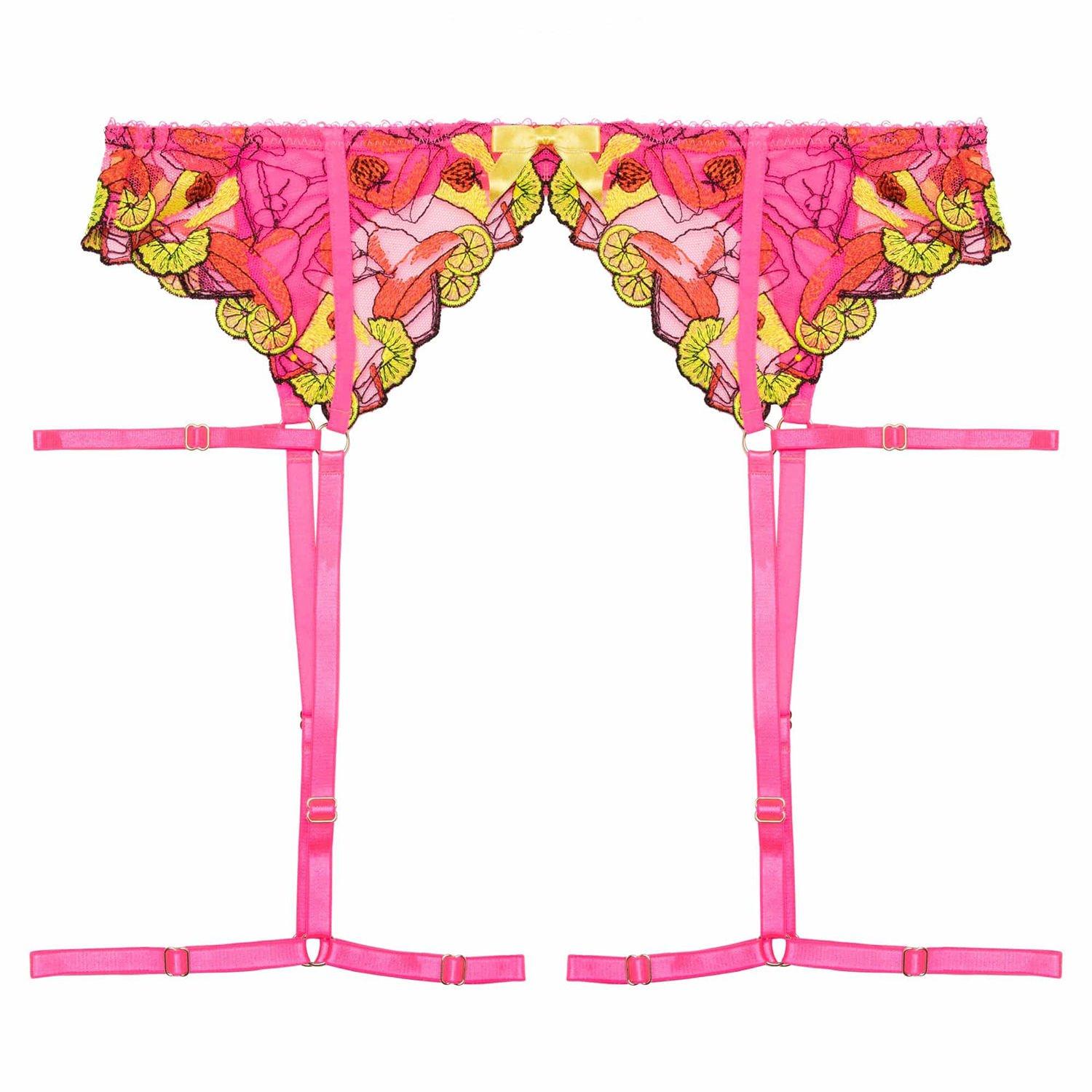 Pink - Playful Promises - Magda Pink Neon Cocktail Embroidery Suspender Belt - 4