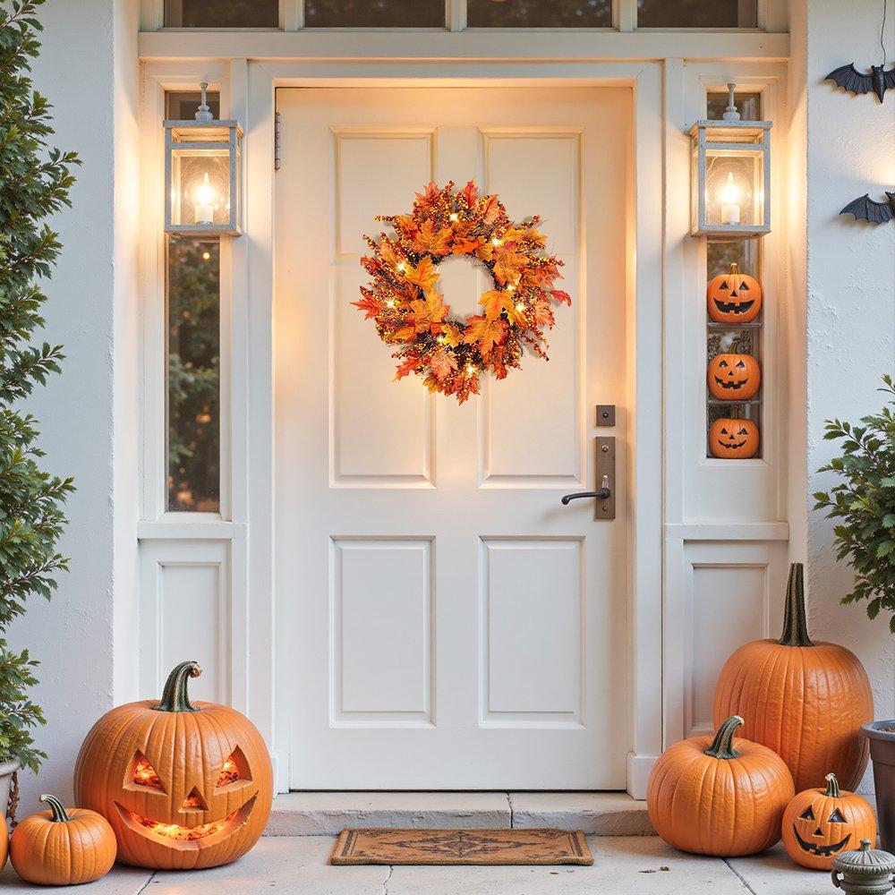 Life Ideas  Lighted Maple Leaves Rattan Wreath - Orange