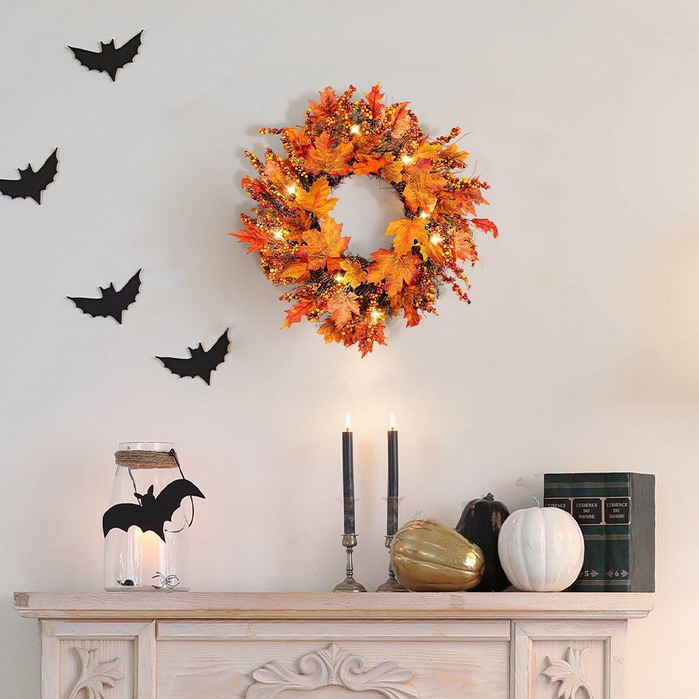 Orange - LIFE IDEAS - Lighted Maple Leaves Rattan Wreath - 2