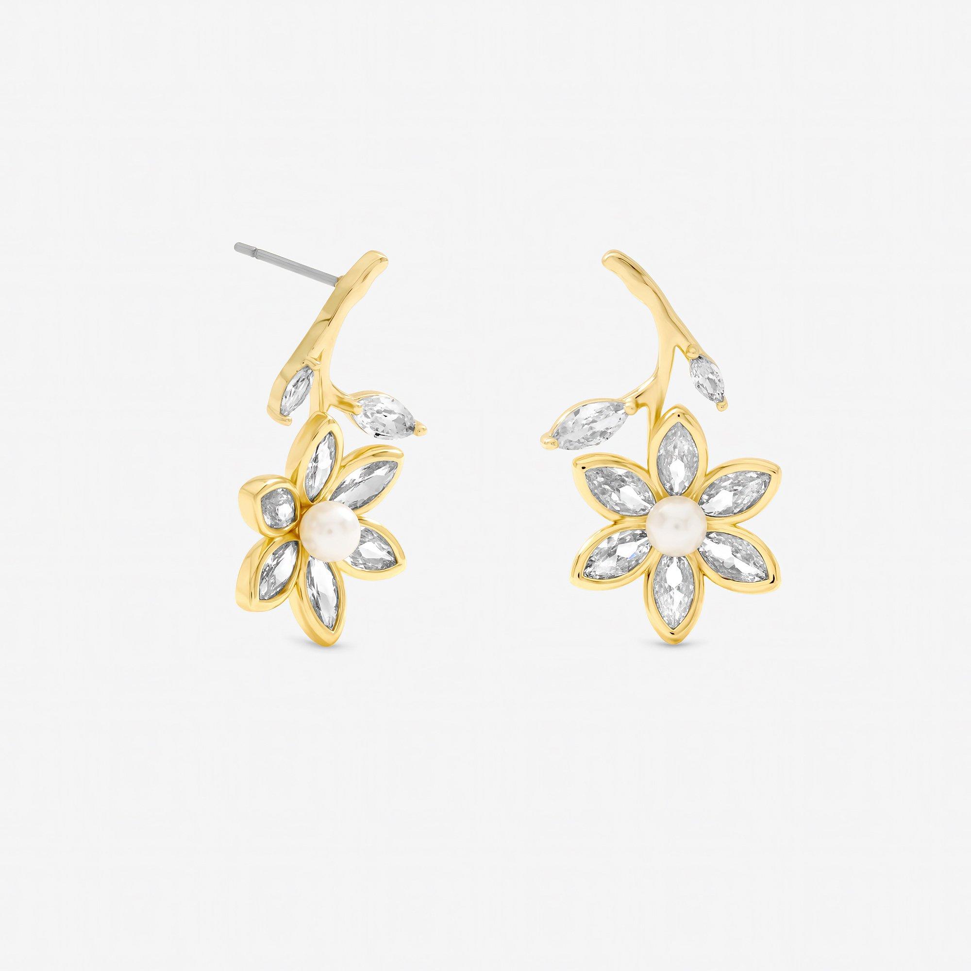 Gold - Jon Richard - Gold Plated Crystal and Pearl Flower Drop Earrings - 1