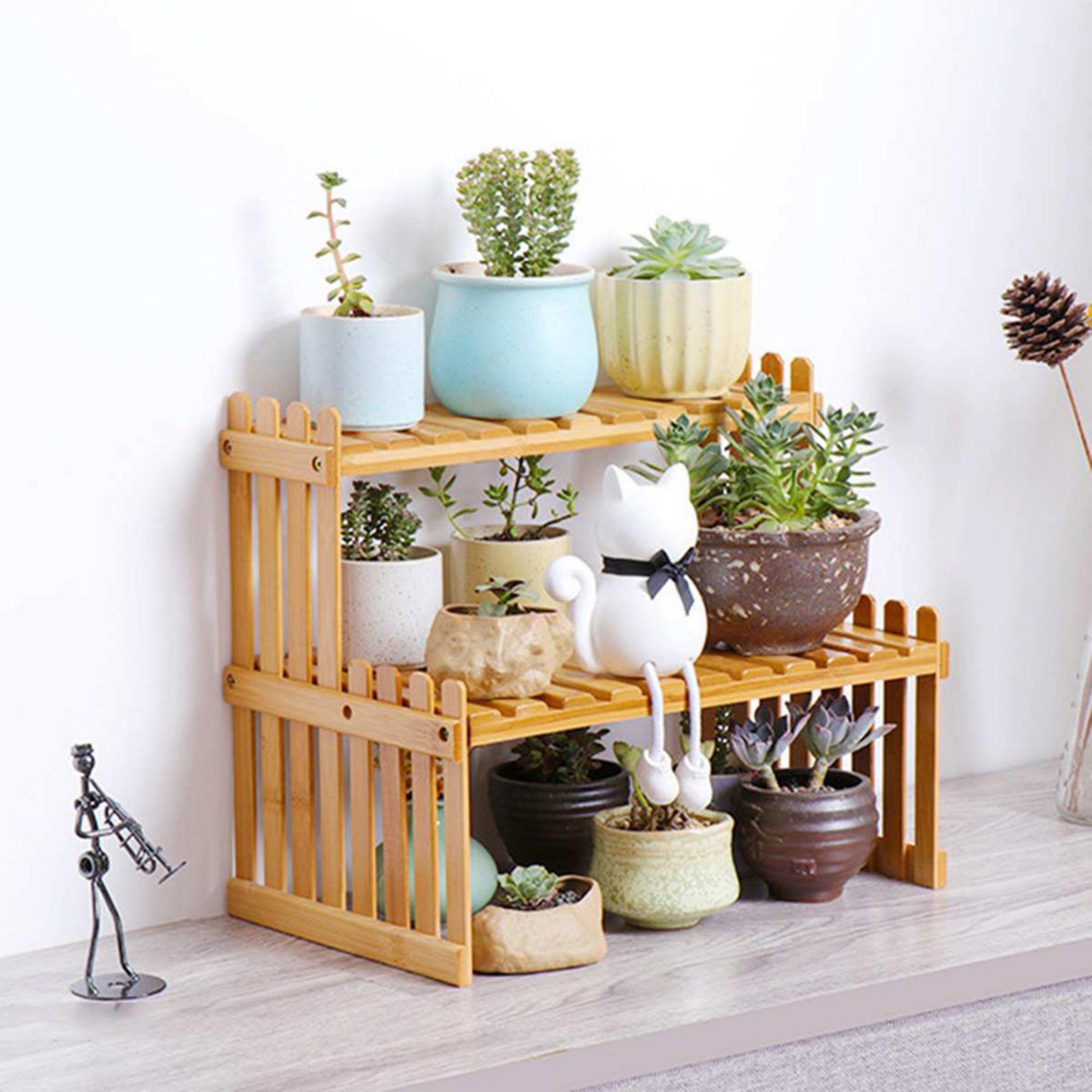 Life Ideas  2-Tier Wooden Tabletop Plant Stand - Brown - Medium