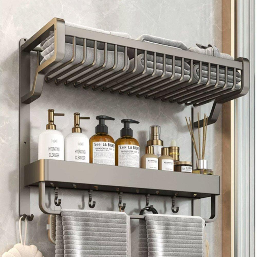 Black1 - LIFE IDEAS - Bathroom Wall Shelf with Towel Bar and Hooks - 1