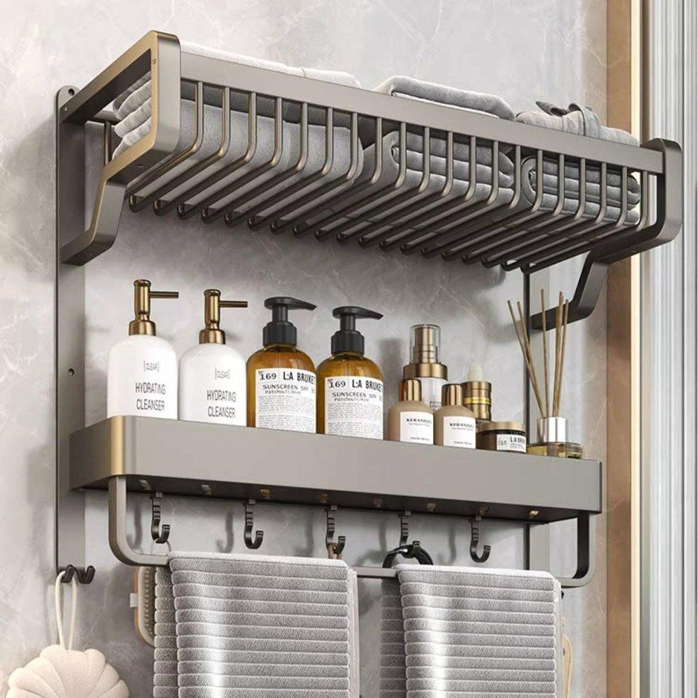 Bathroom Wall Shelf with Towel Bar and Hooks