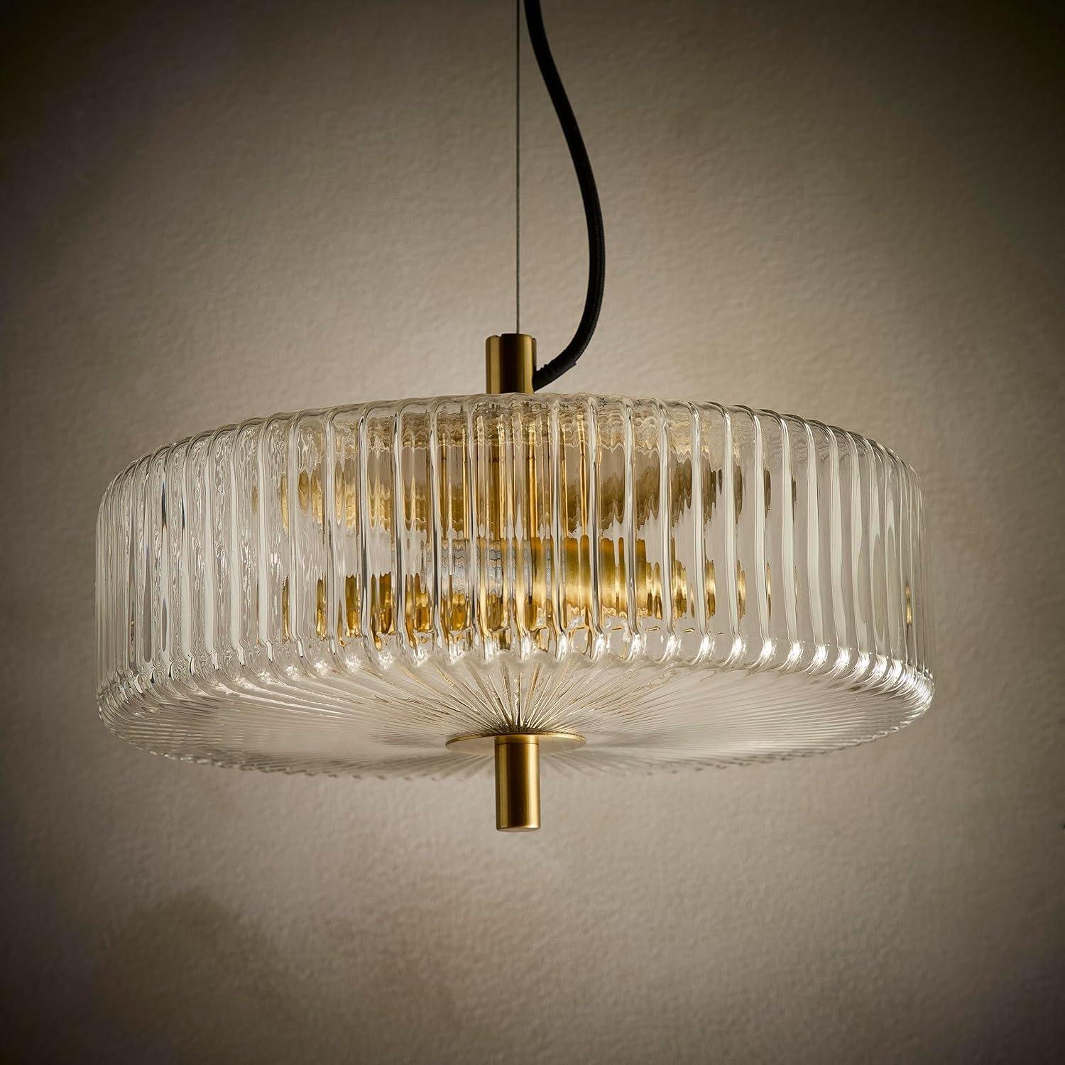 Brass - K Living - Carter 2 Light Ribbed Glass Brass Light Pendant - 1