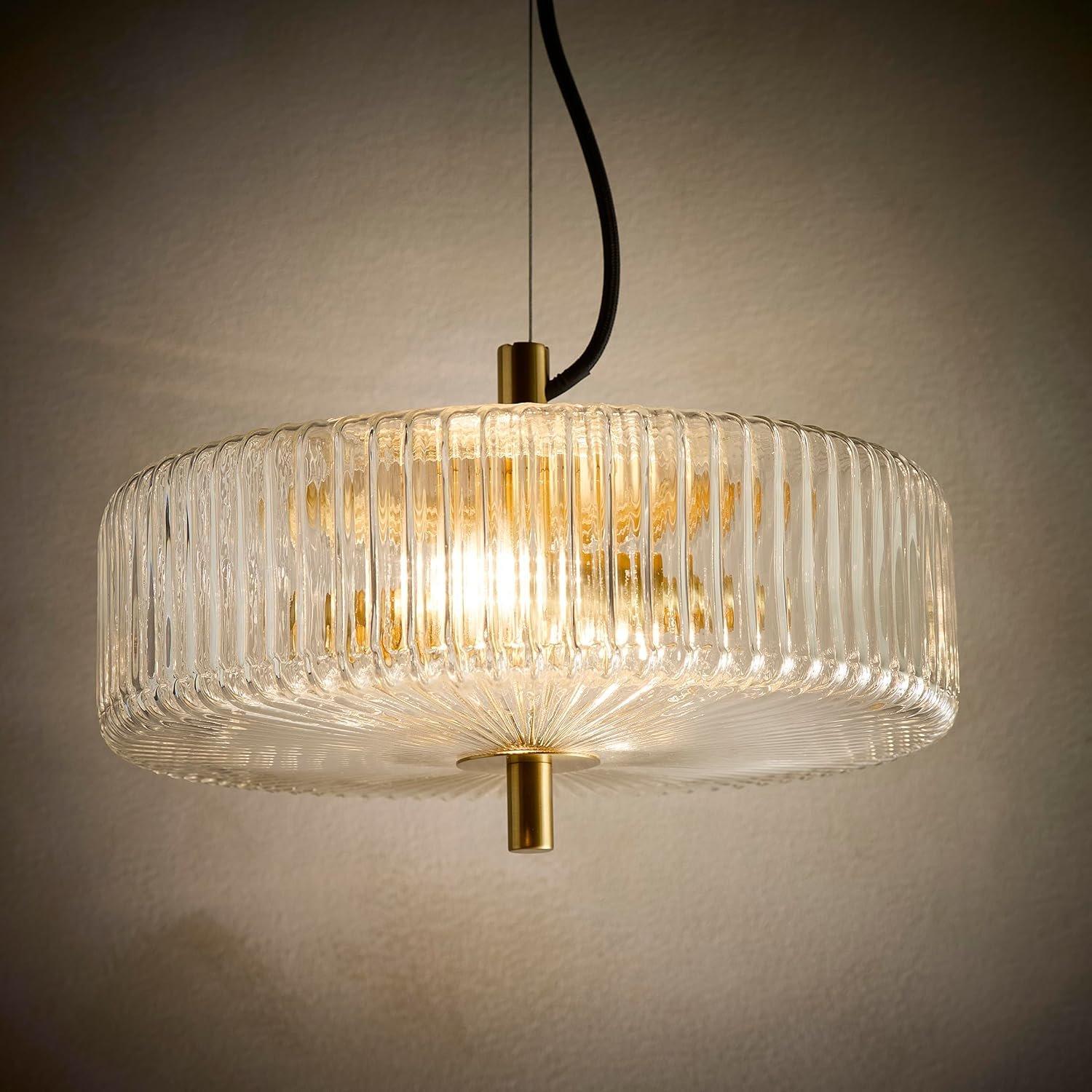 Brass - K Living - Carter 2 Light Ribbed Glass Brass Light Pendant - 2