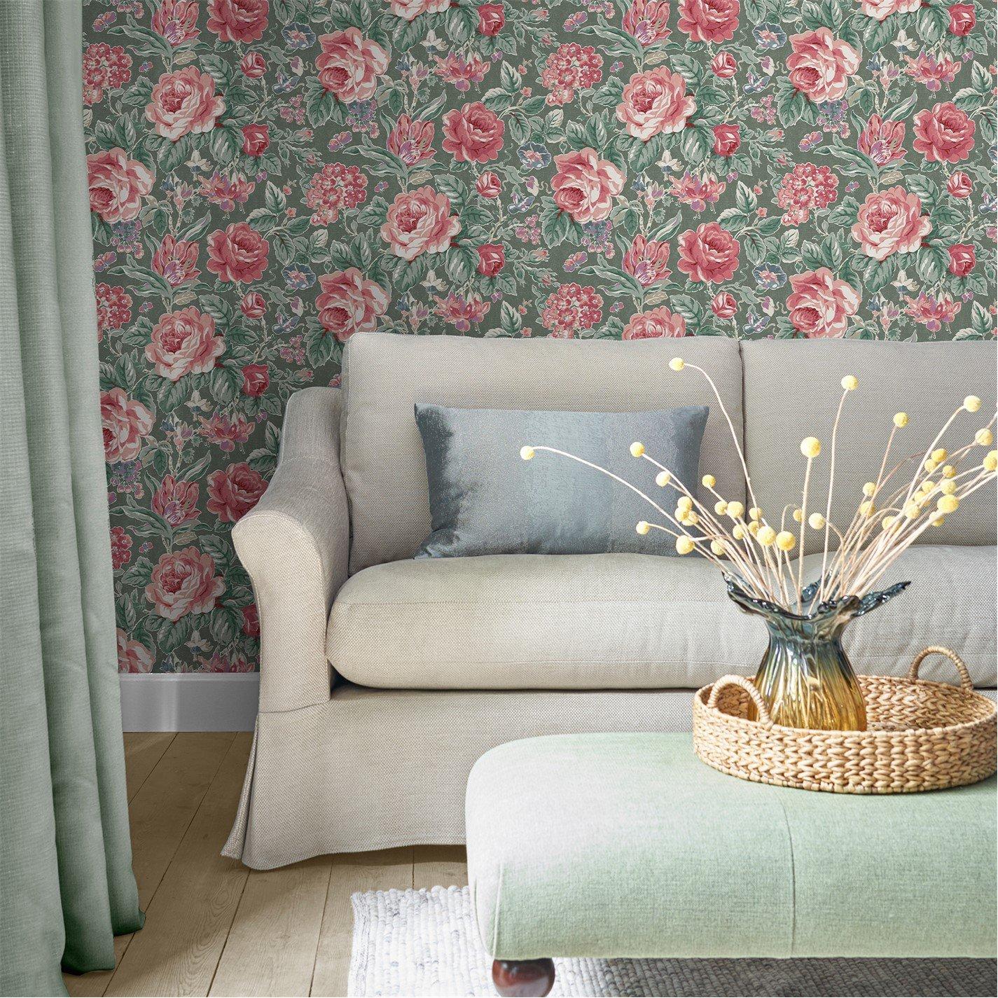 Laura Ashley  Wild Roses Wallpaper Fern Green