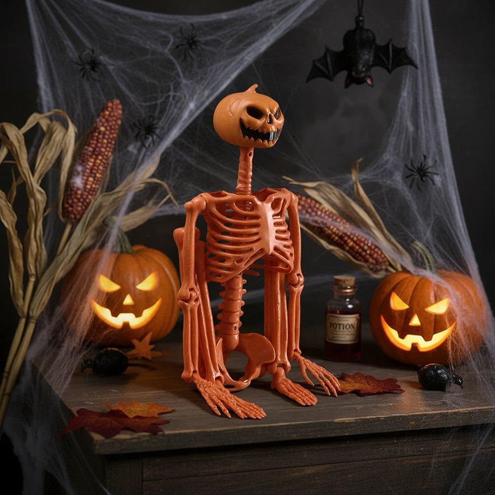 Orange - LIFE IDEAS - 93cm Posable Halloween Pumpkin Skeleton Decoration - 1