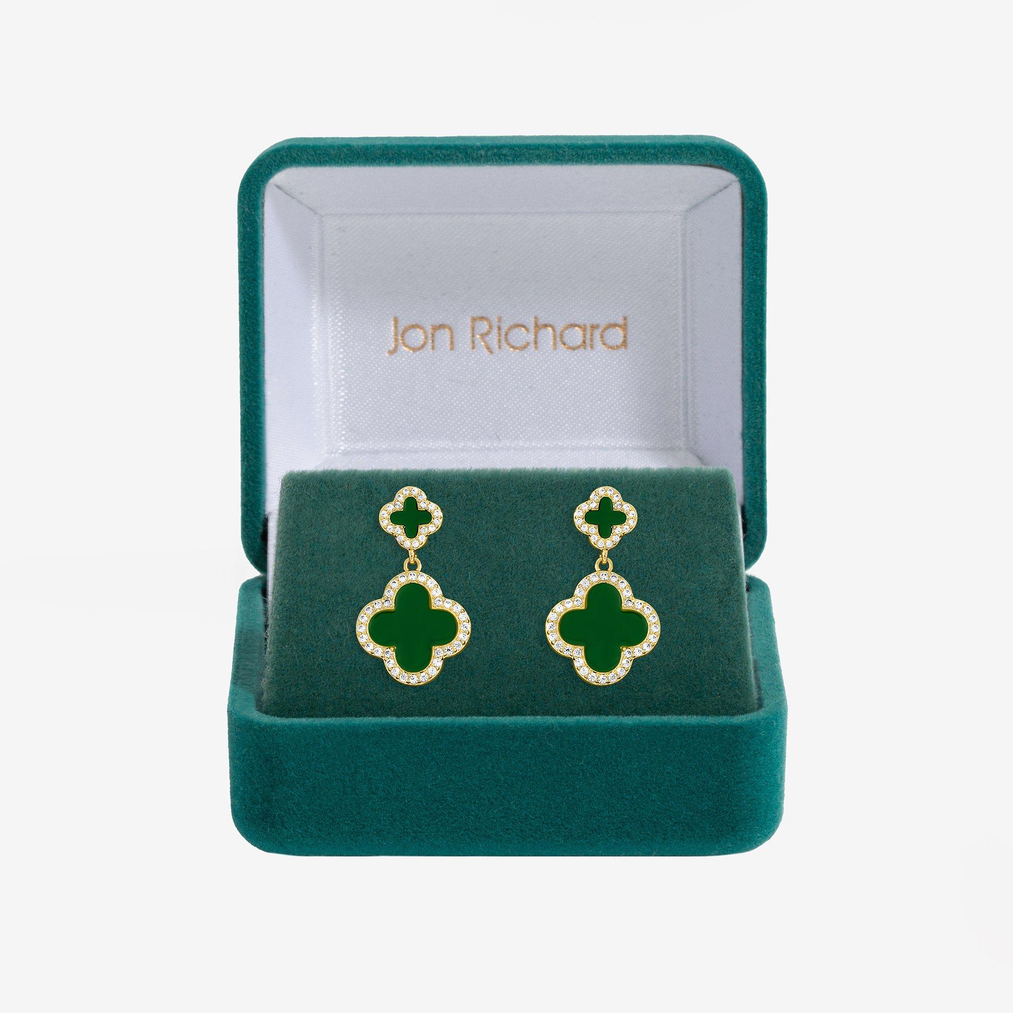 Gold - Jon Richard - Gold Plated and Emerald Clover Earrings - Gift Box - 1