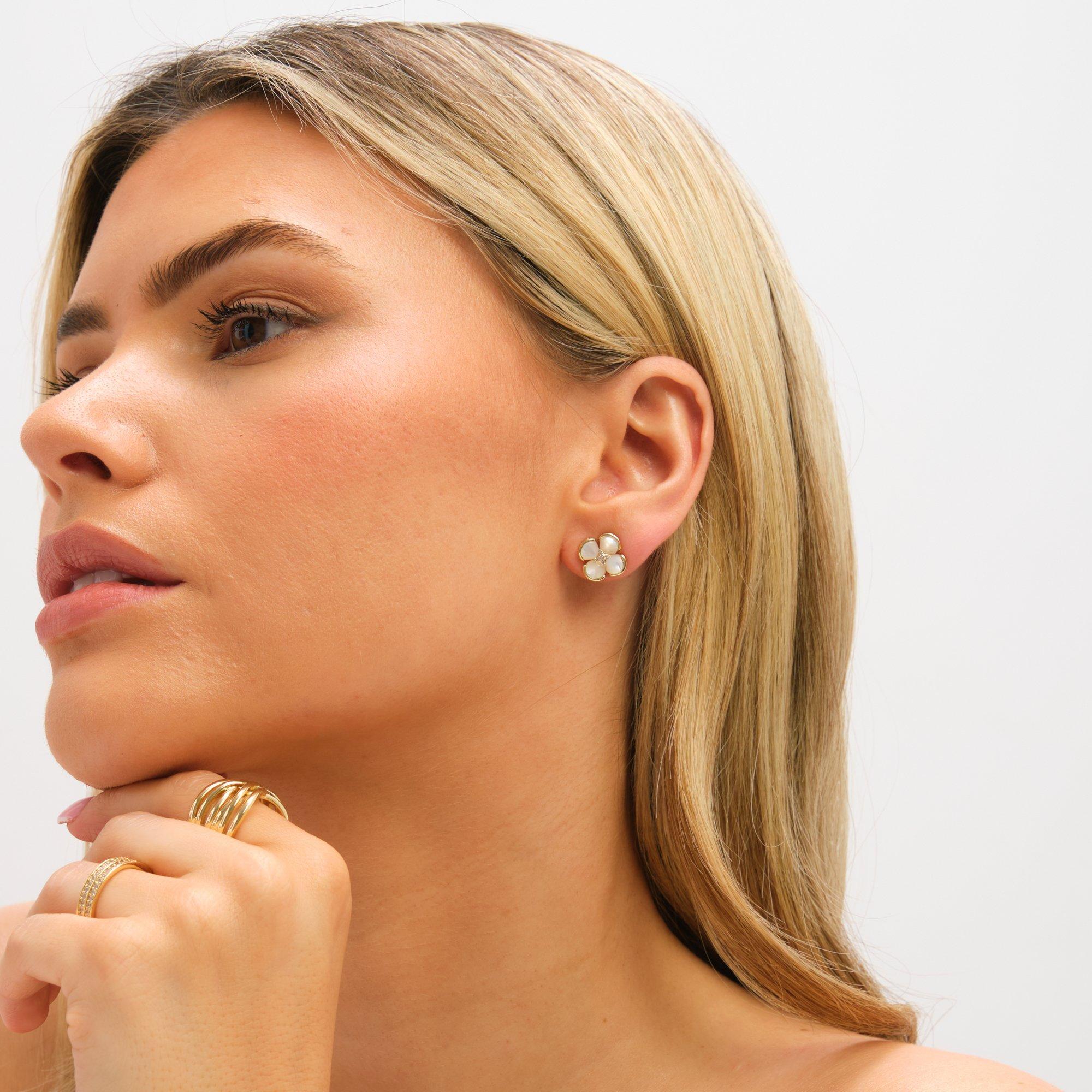 Gold - Jon Richard - Gold Plated Mother of Pearl Flower Stud Earrings - 3