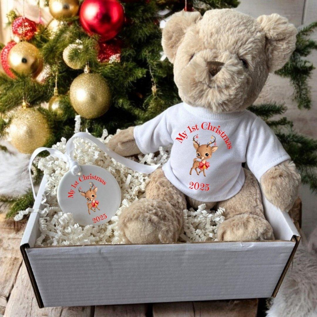White / Cream - Aye Do Gifts - My 1st Xmas Reindeer Teddy & Ceramic Gift Hamper - 1