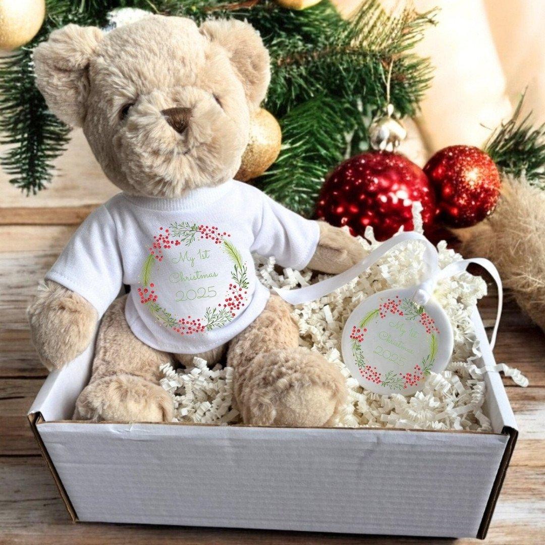 White / Cream - Aye Do Gifts - My 1st Xmas Berry Wreath Teddy & Ceramic Gift Hamp - 1