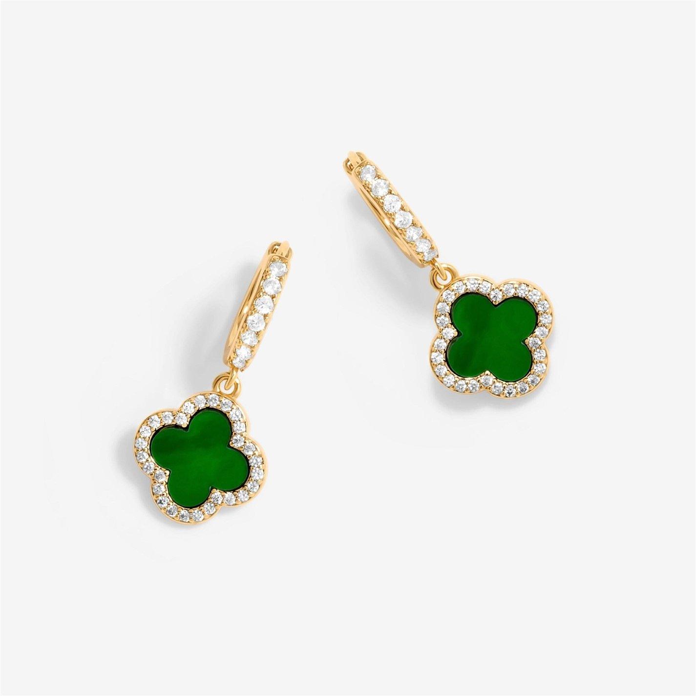 Gold - Jon Richard - Gold Plated Malachite Clover Earrings - 1