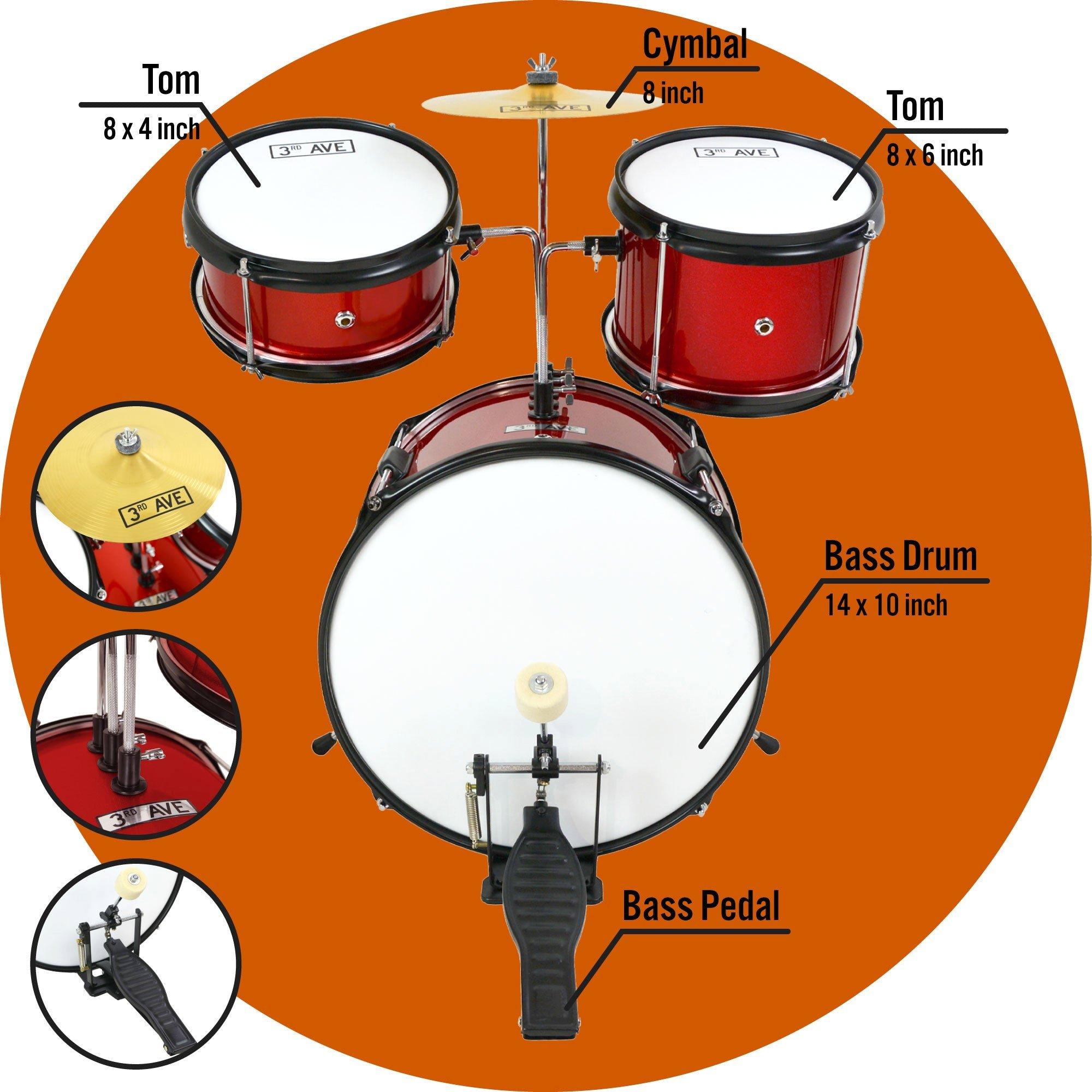 Red - 3rd Avenue - 3 Piece Junior Drum Kit - 4