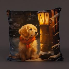 Snowtime 40cm LED Lit Cushion featuring a Puppy in a Scarf