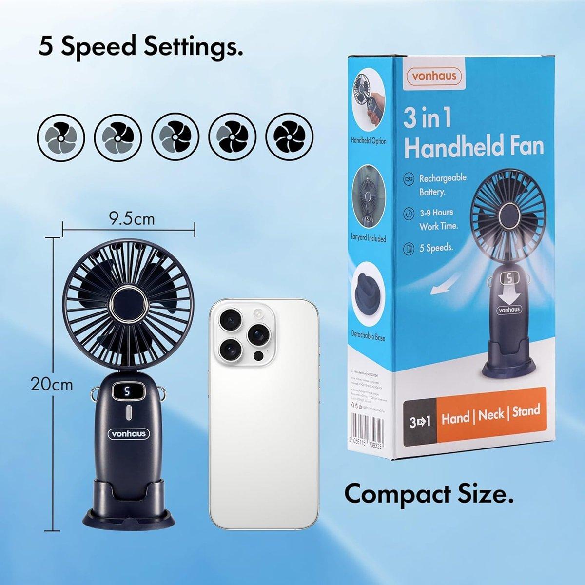 Blue - VonHaus - Rechargeable Handheld Fan - 5
