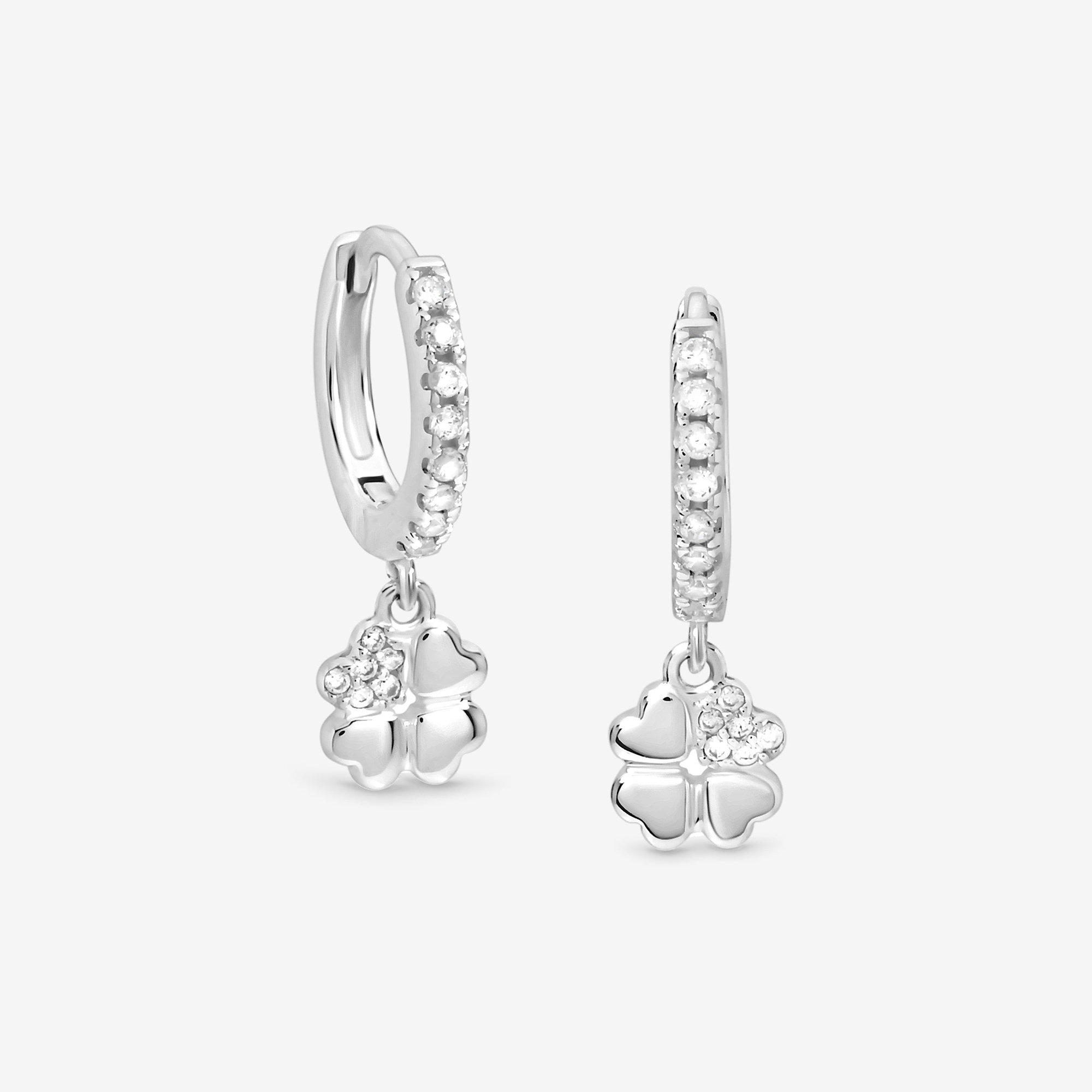 Silver - Simply Silver - Sterling Silver 925 CZ Clover Charm Hoops - 1