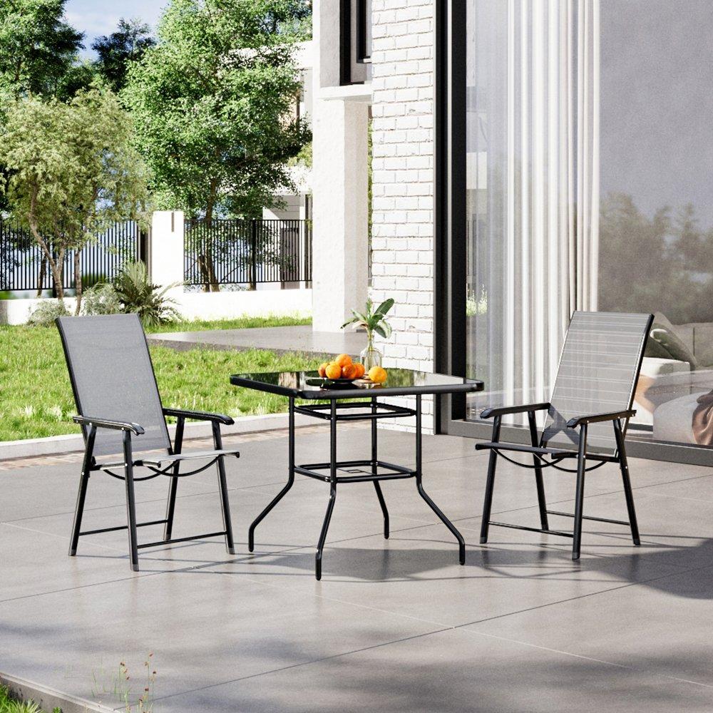 Black - Breeins - Tempered Glass Table with 2 Folding Chairs - 1